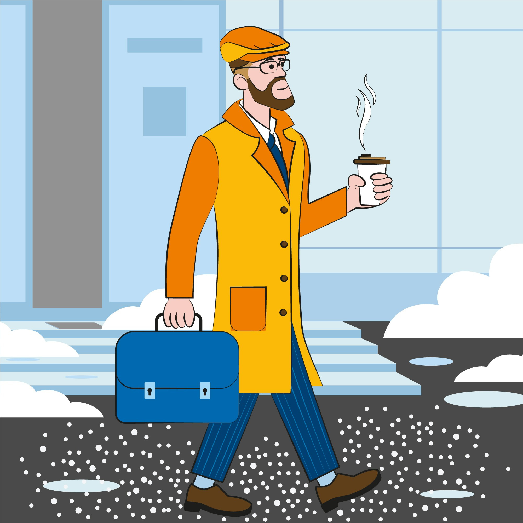 деловой мужчина радостно идет на работу  в гололед. дорога посыпана солью. комикс