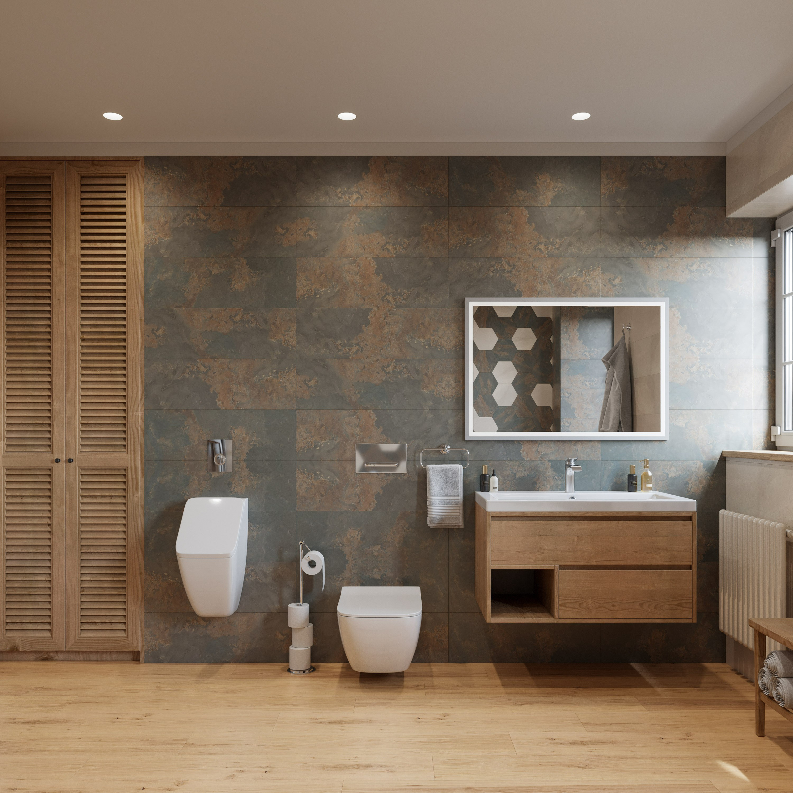 3D визуализация ванной комнаты в современном стиле с подвесной сантехникой и встроенным освещением