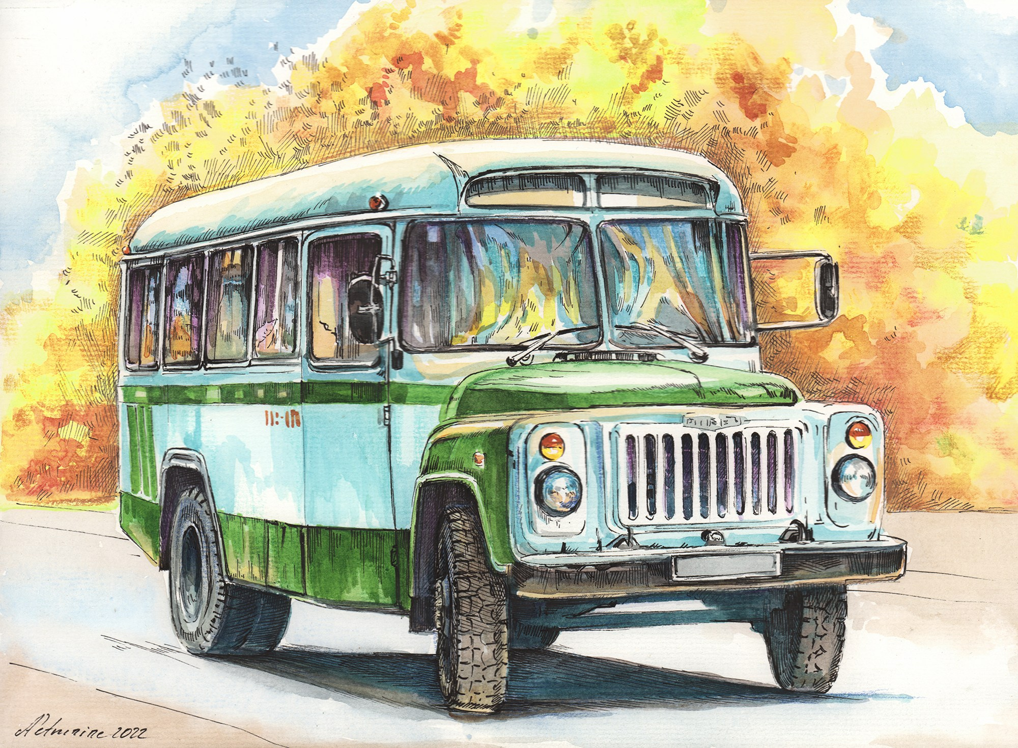 Автобус КАВЗ. Акварель, тушь, 2022
