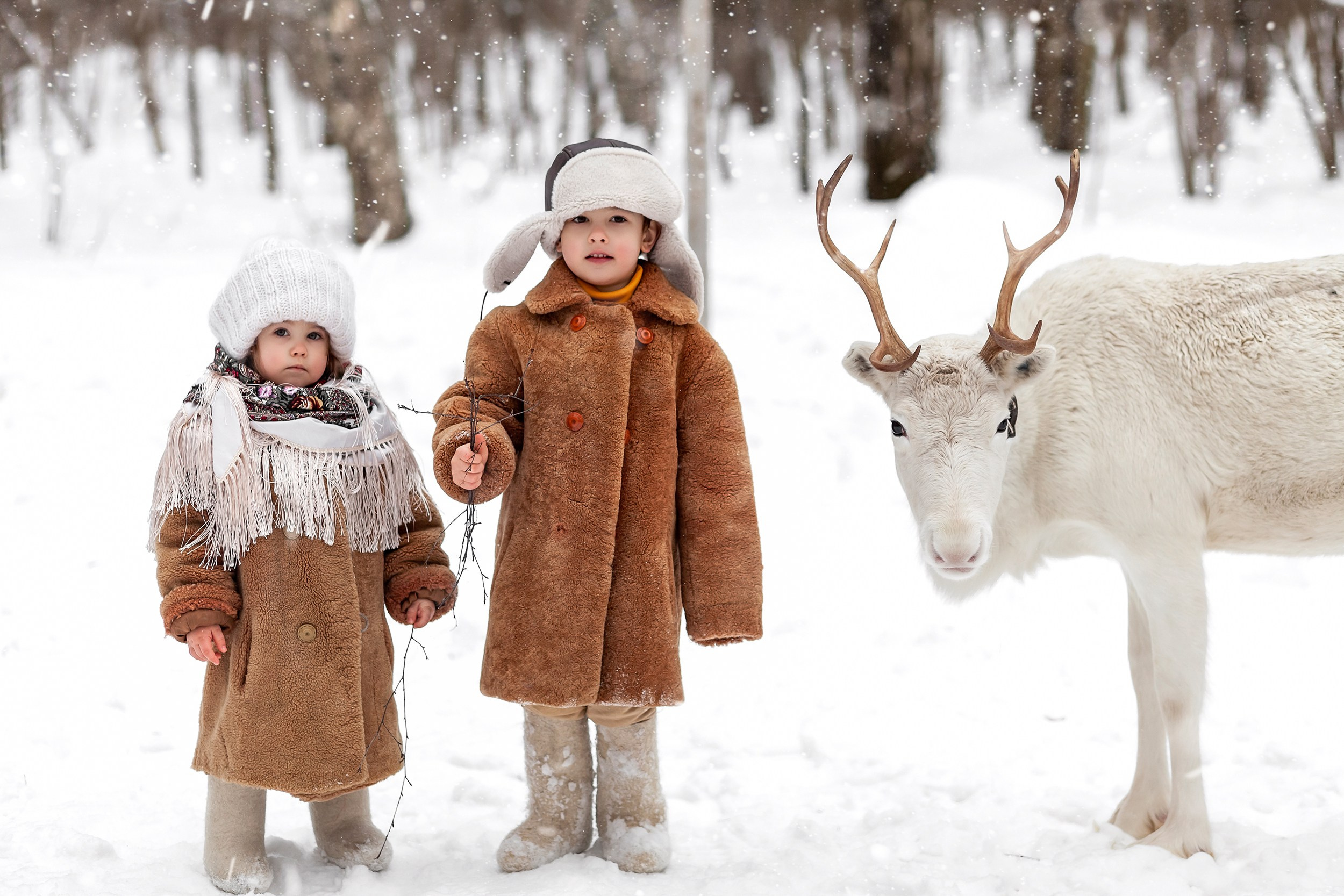 Фотосессия детей с белым оленем