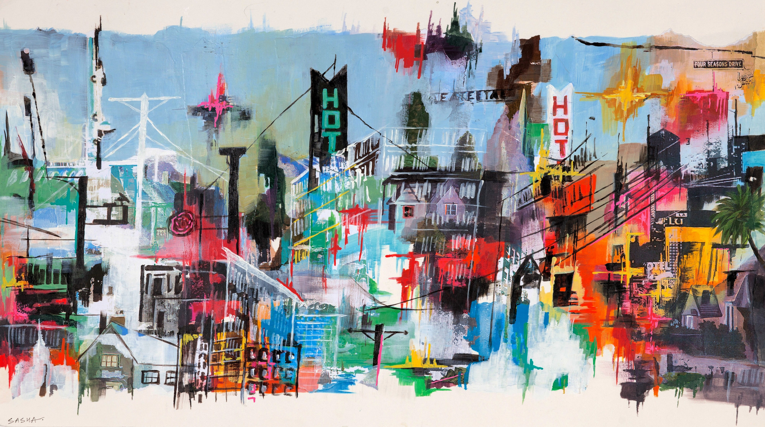 Яркая и абстрактная картина городского пейзажа с неоновыми огнями, Улица Four seasons