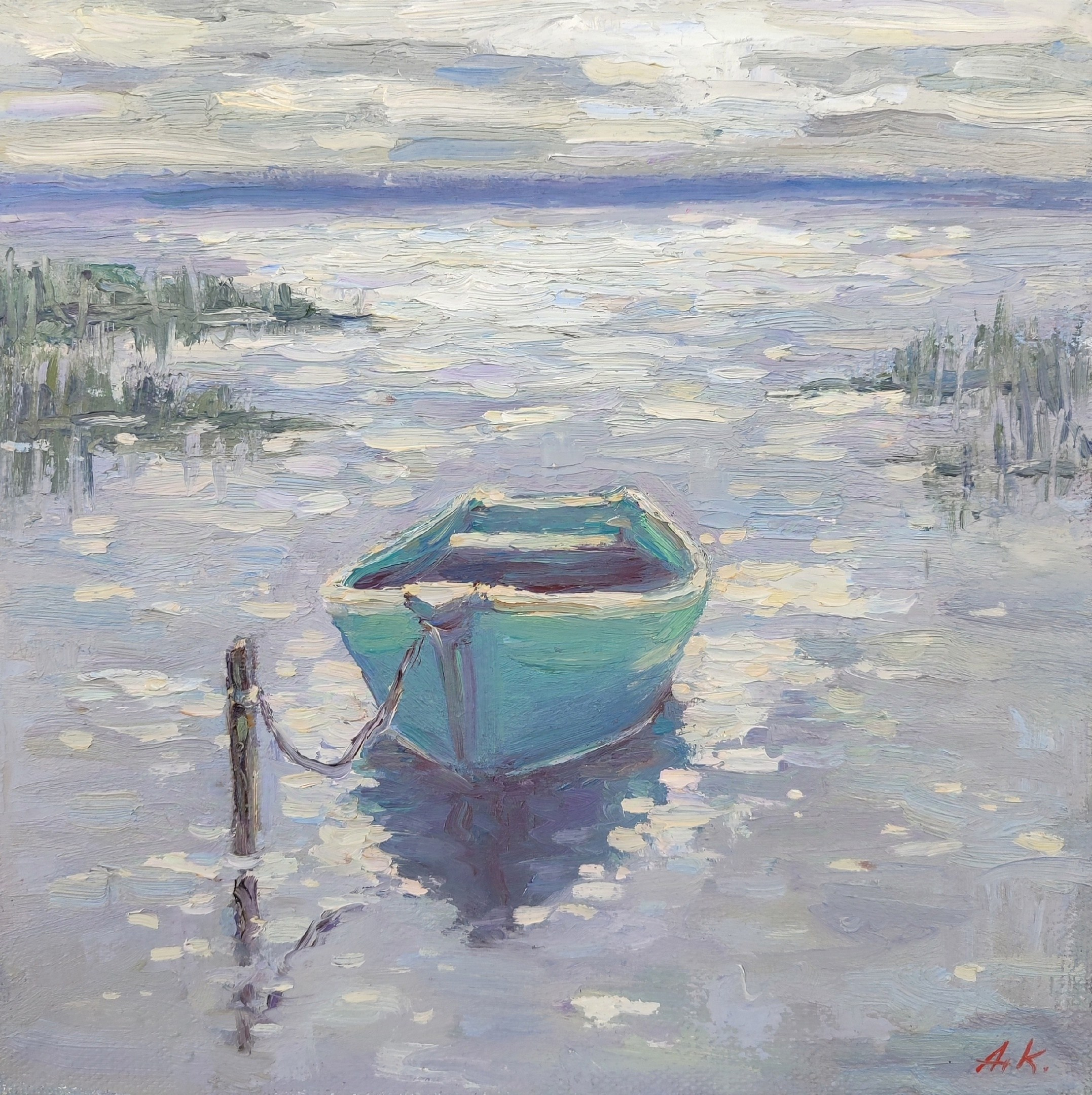 Импрессионизм, картина - Маленькая лодка на воде среди бликов