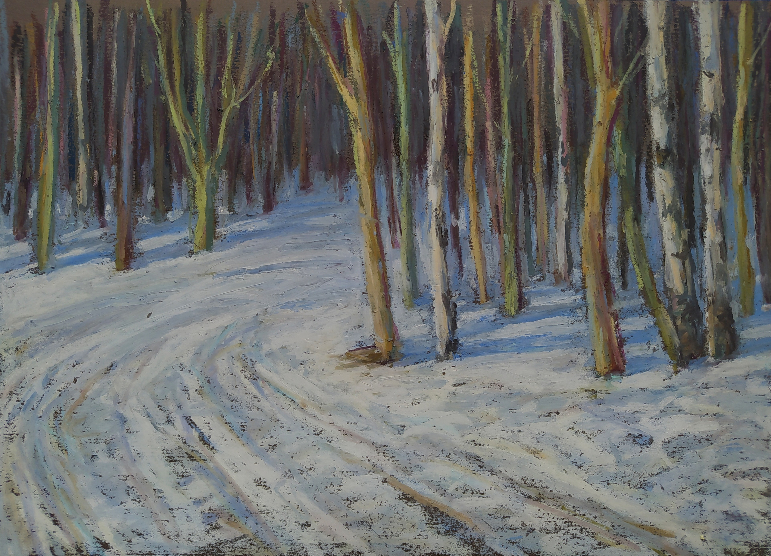 Пейзаж масляной пастелью, рисунок - Деревья и снег в весеннем лесу
