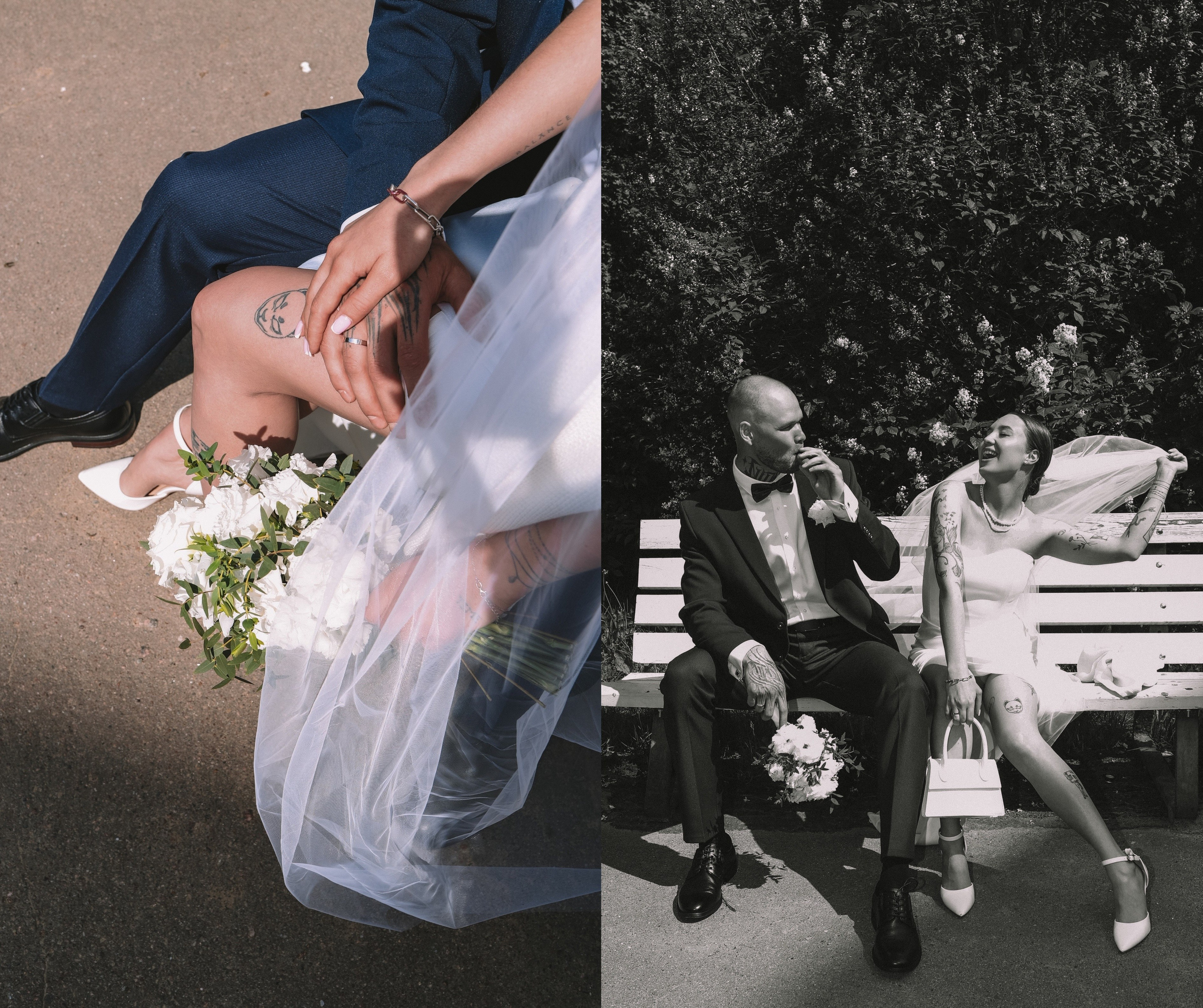 Счастливые молодожёны улыбаются друг другу в свадебный день