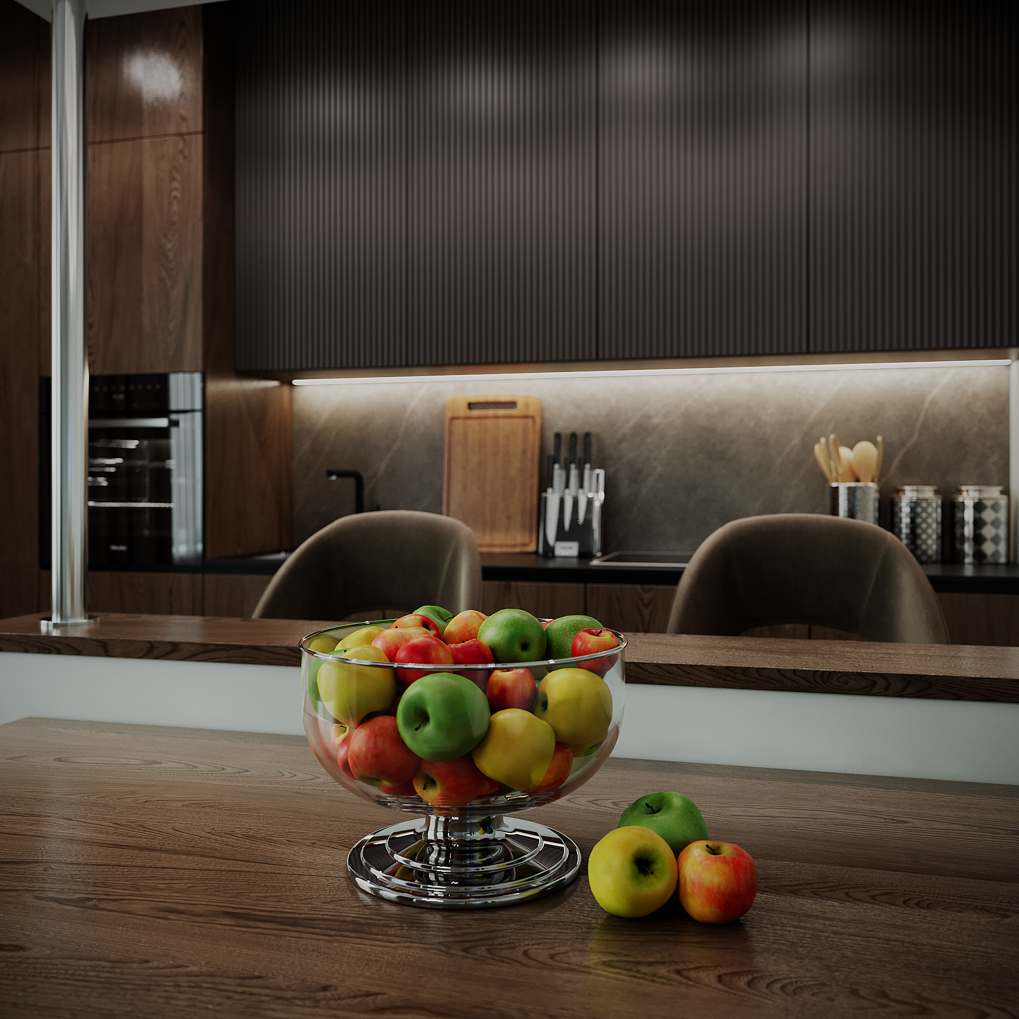 3D рендер стеклянной чаши с красными, зелёными и жёлтыми яблоками на деревянной столешнице