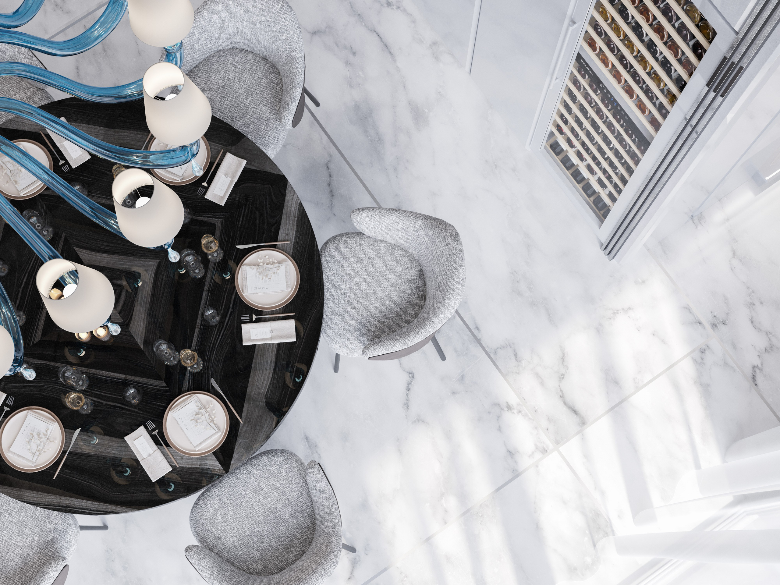 Рендер обеденной группы: стол с деревянной глянцевой столешницей и текстильные стулья