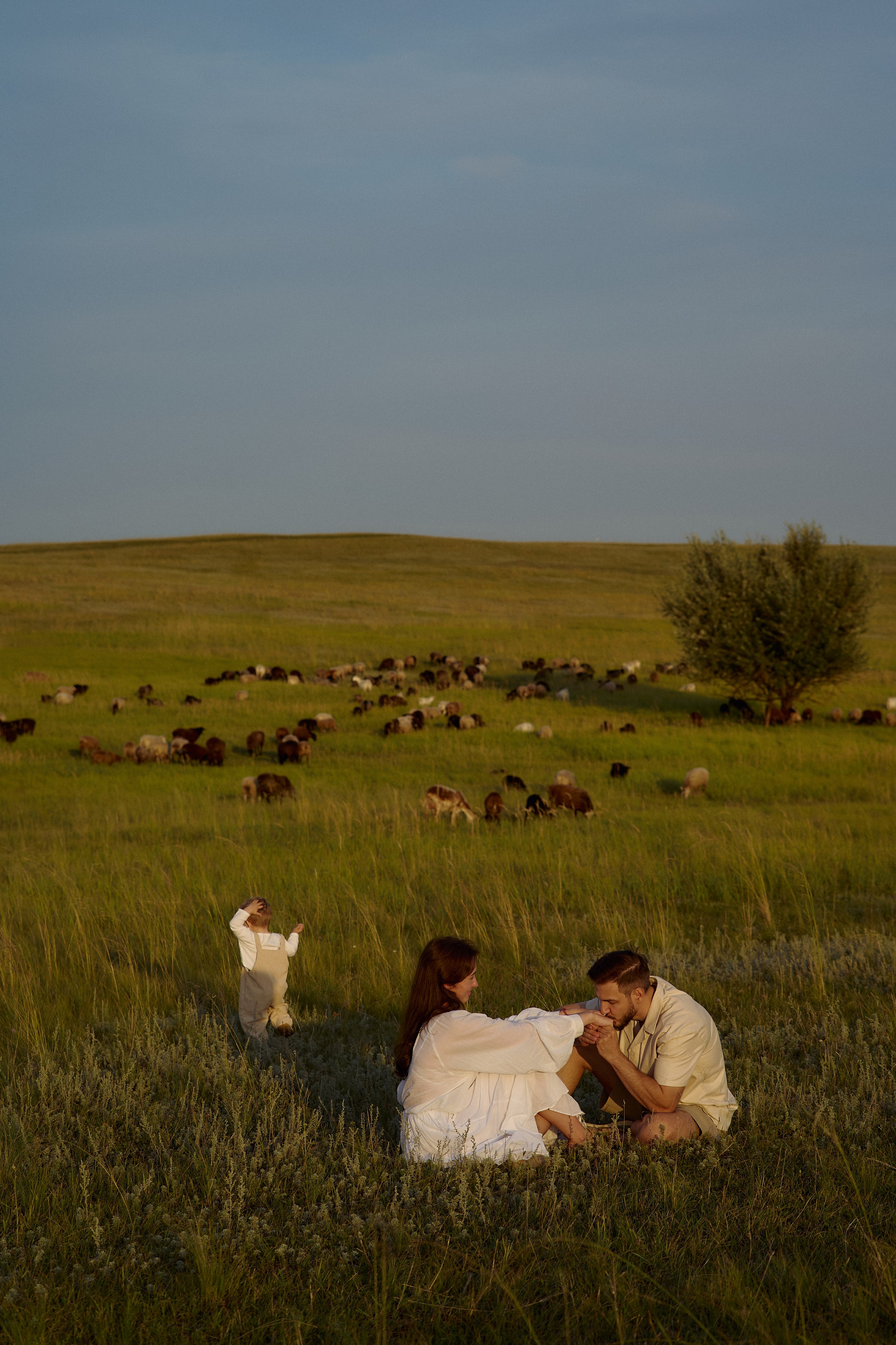 Шамиль, Аня и Марс в поле с барашками. Семейный и свадебный lifestyle-фотограф в Москве Мария Петрова
