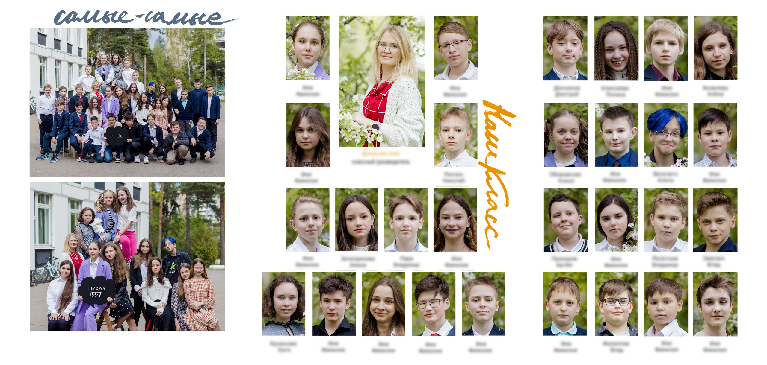 Разворот школьного альбома трюмо, где есть общая фотография класса и отдельно фото девочек, а также все одноклассники подписанные с фамилией и именем.