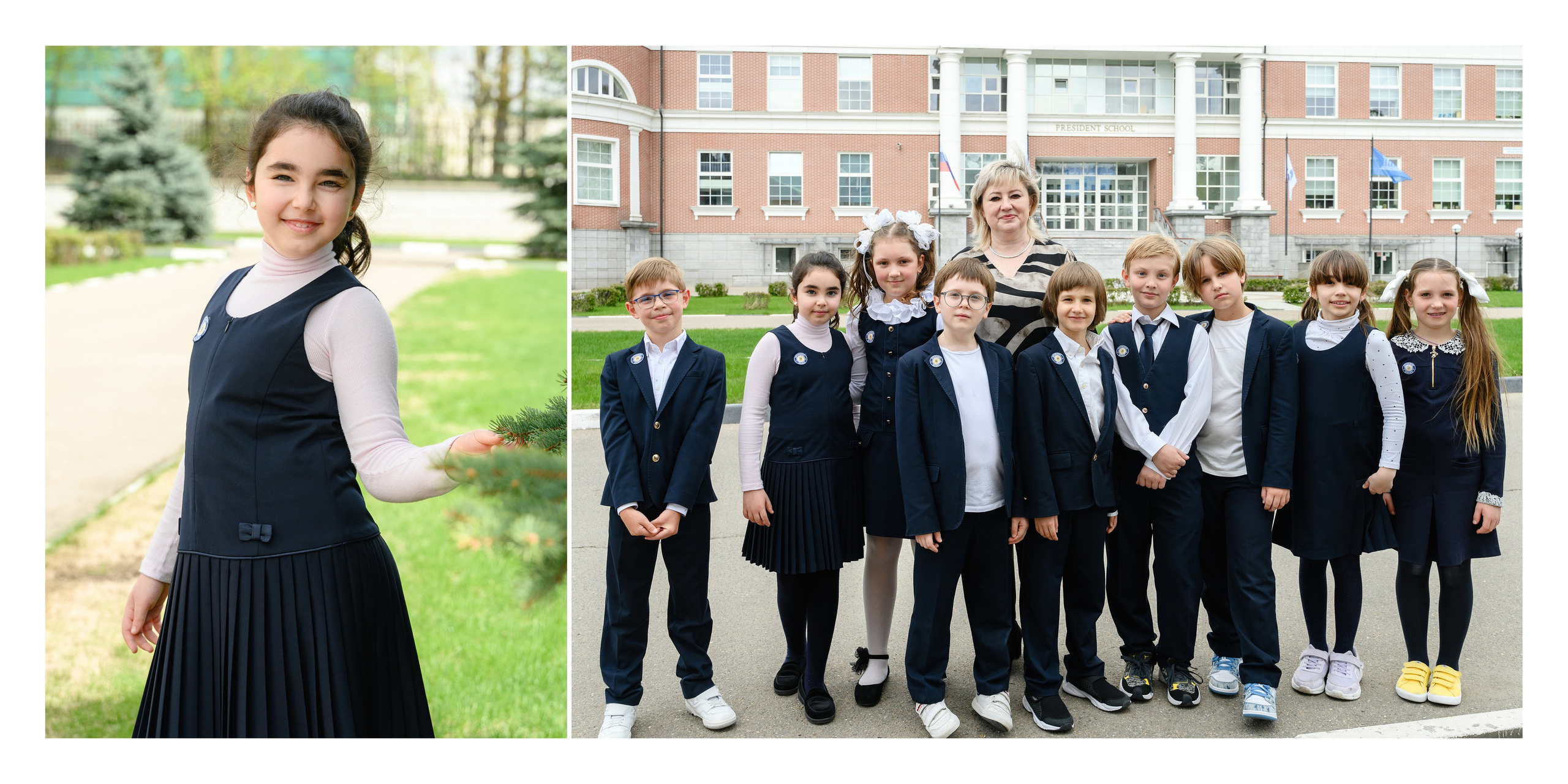 Разворот фотокниги: девочка в школьной форме на улице и групповой портрет класса у здания школы.