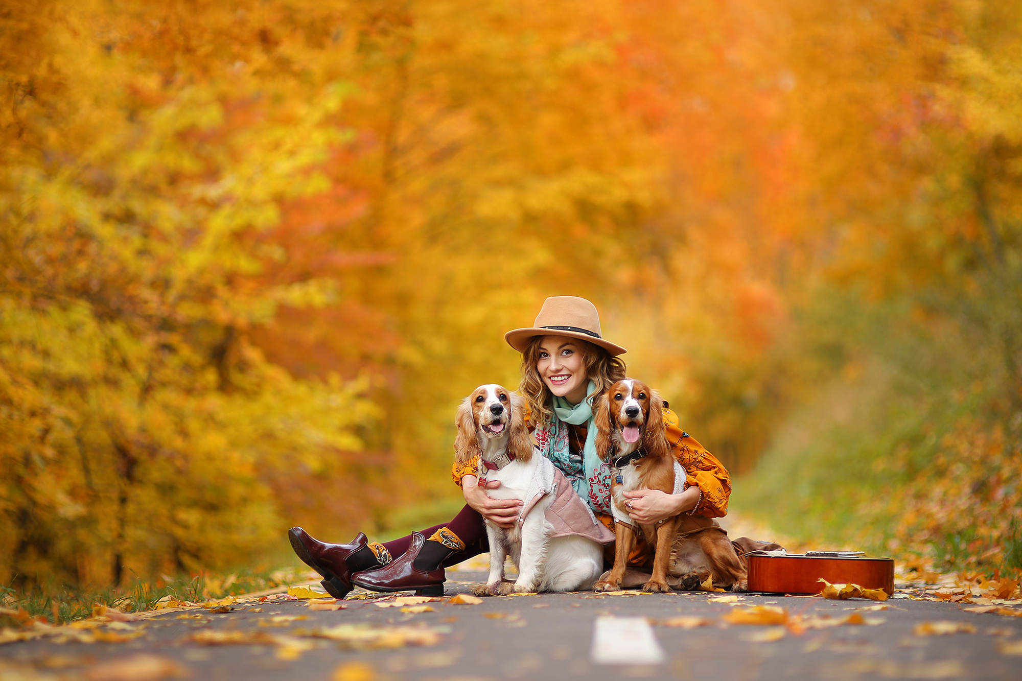 Осеннее фото девушки на дороге в шляпе с собаками.