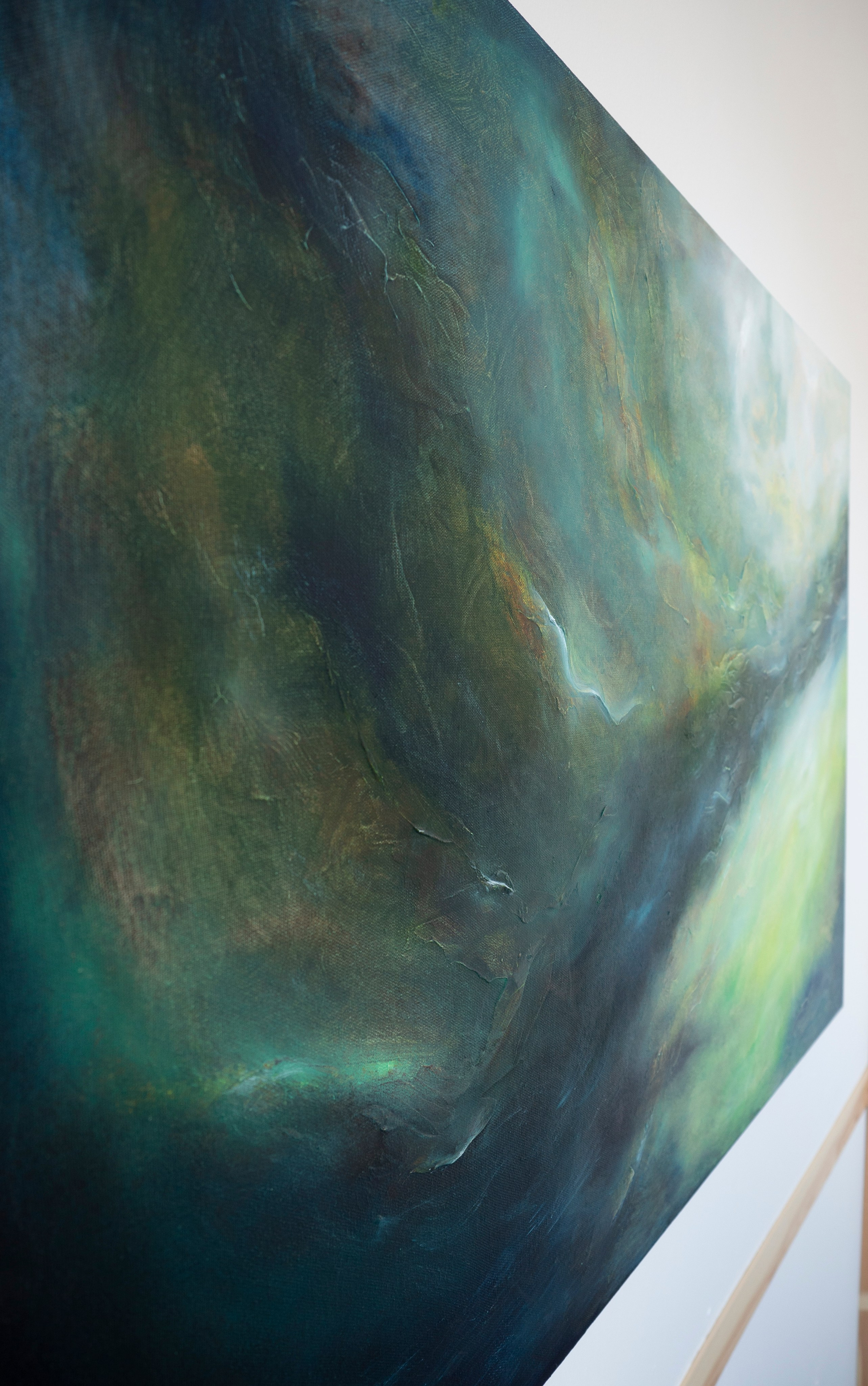 Abstract oil painting of deep green and blue swirling shapes. Pavel Korshun — Contemporary Plein Air