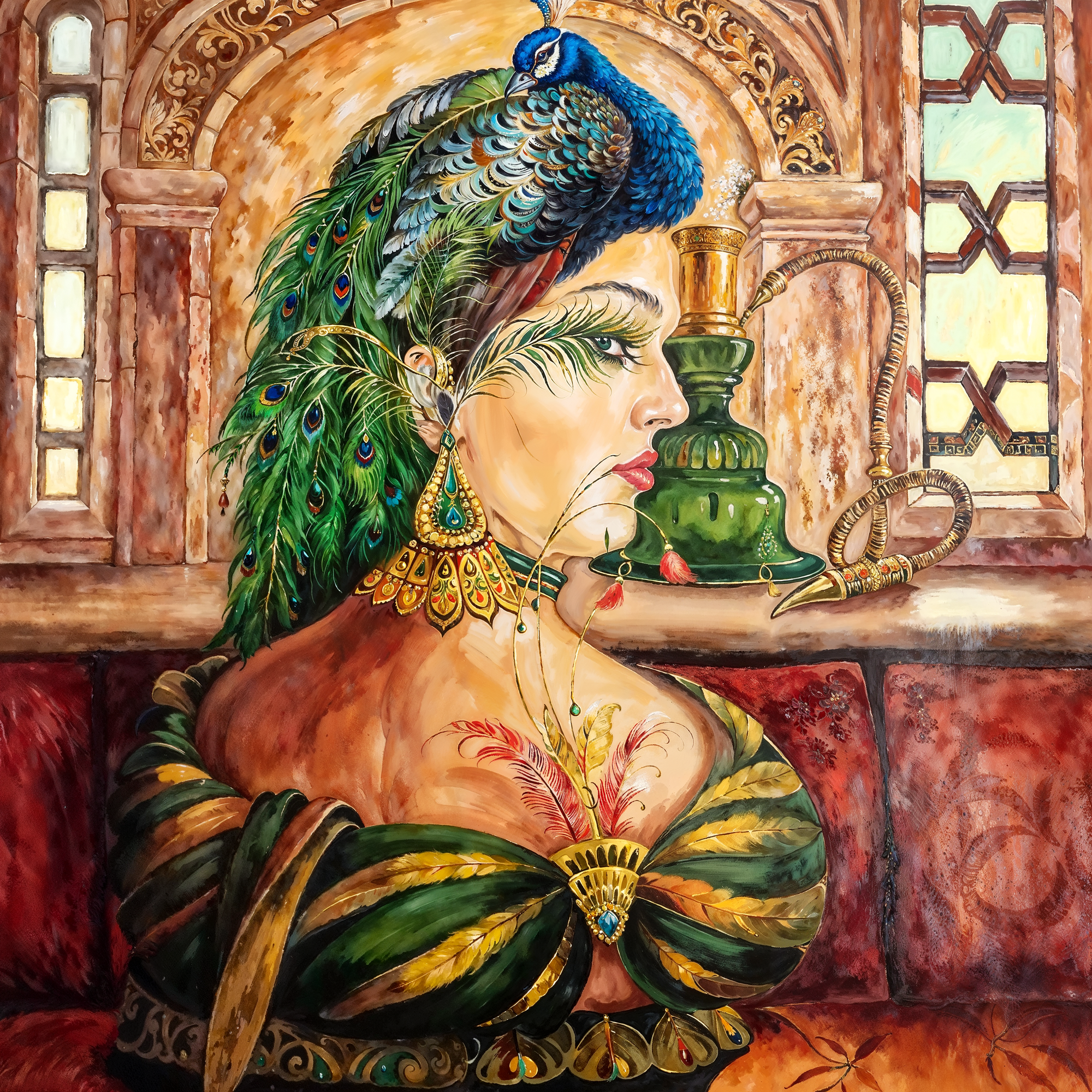 Женщина в павлиньем головном уборе, интегрированная в восточный интерьер с кальяном