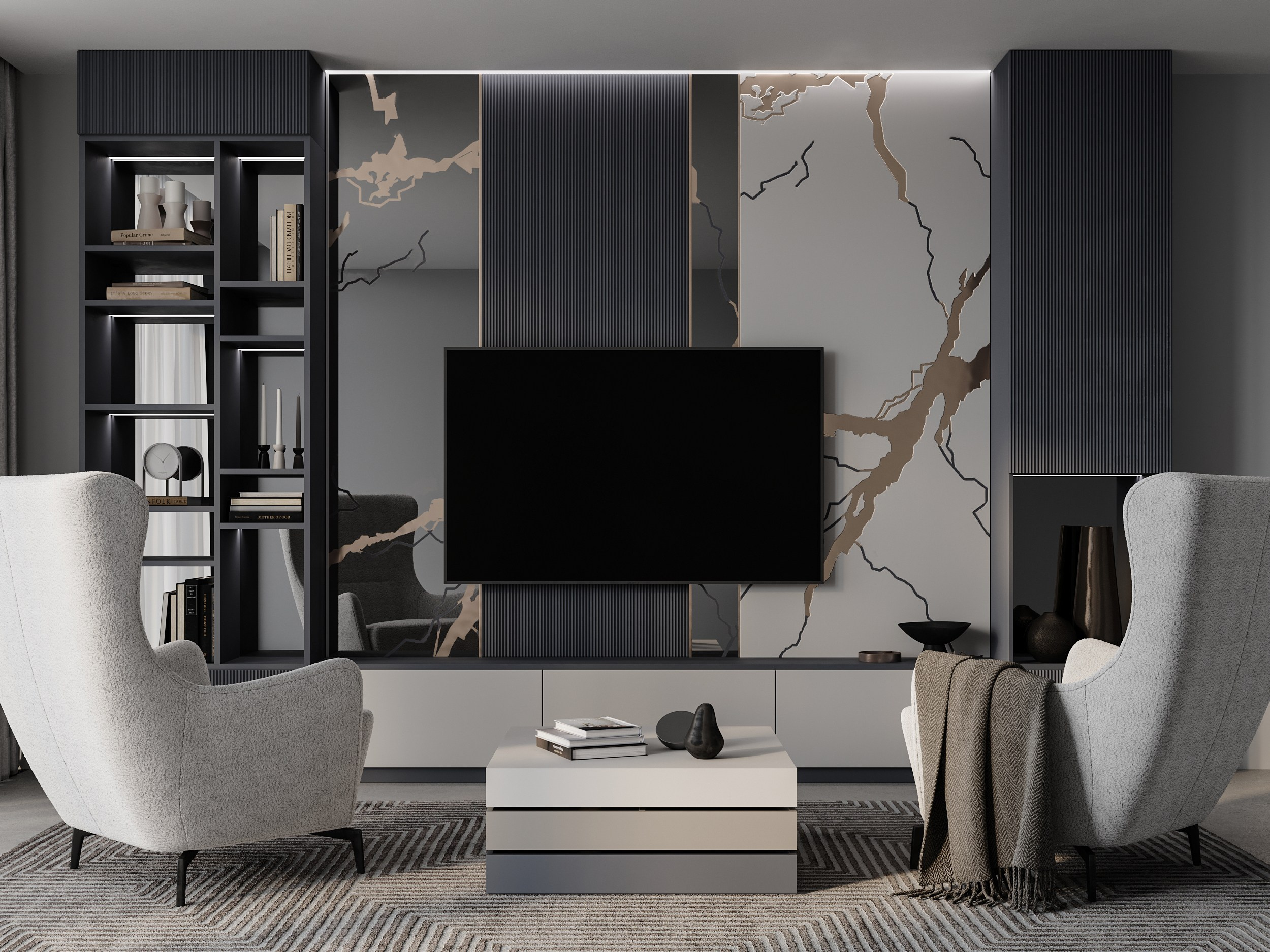 Гостиные / 2023. 3D-сцены интерьеров в 3ds Мах: сборка по ТЗ для визуализаторов