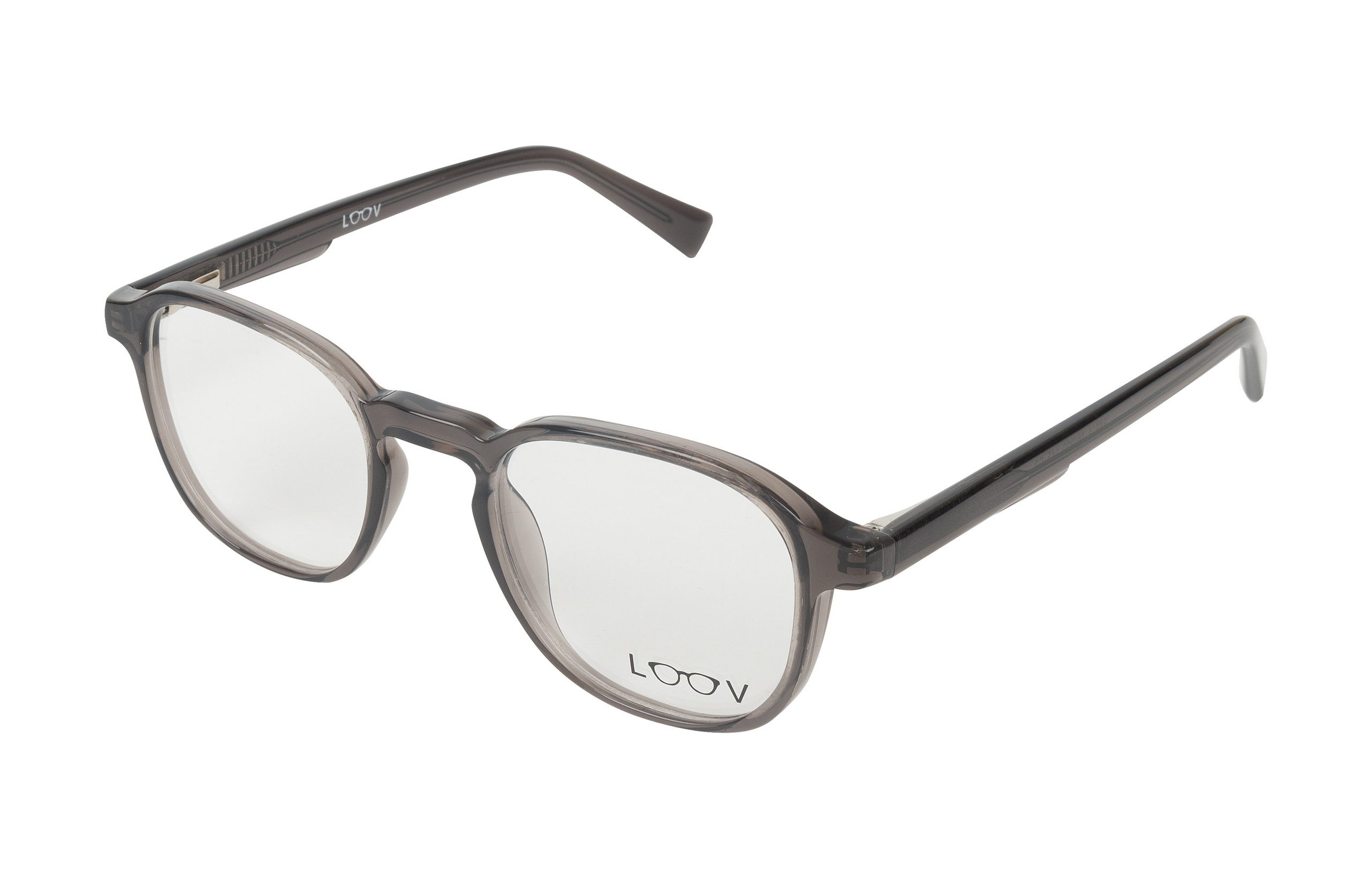 Очки в коричневой полупрозрачной оправе на белом фоне