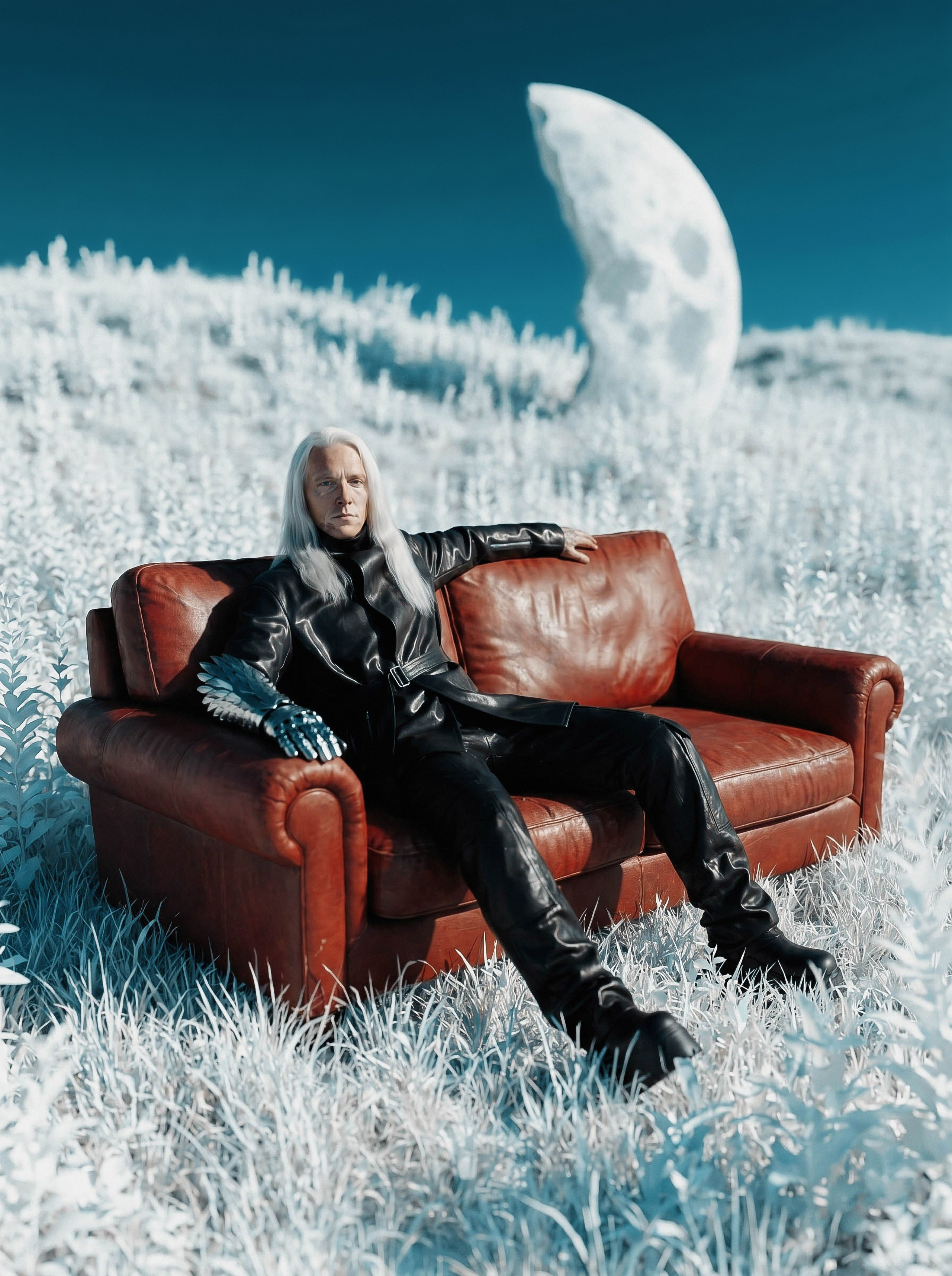 AI-фотосессия для бренда Rick Owens с моделью в авангардном образе, массивной обувью и эстетикой подиумной кампании. Такой кадр помогает показать премиальный fashion-контент для сайта фотографа и рекламной презентации.
