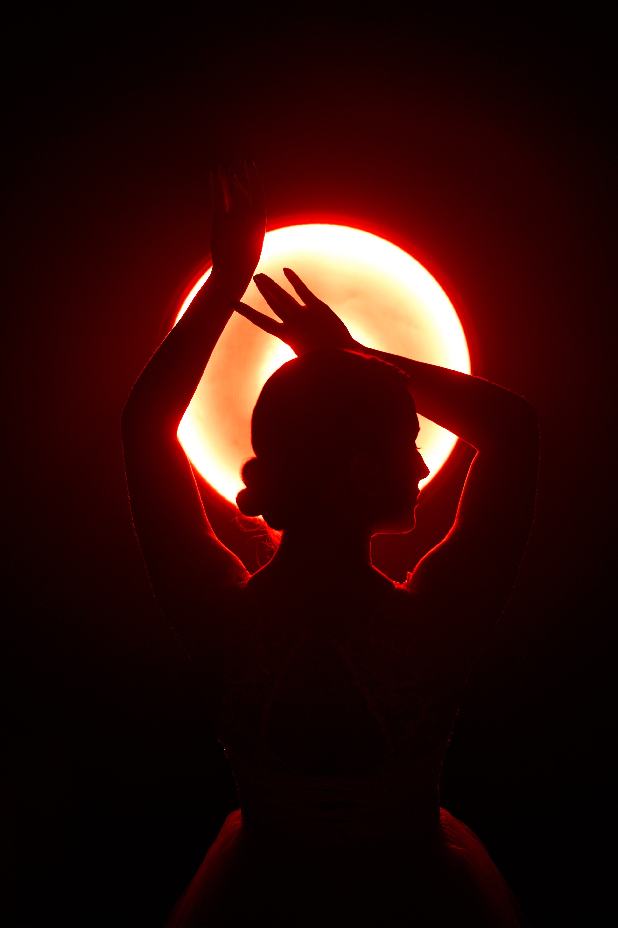 Силуэт невесты на фоне источника света с портретной тарелкой