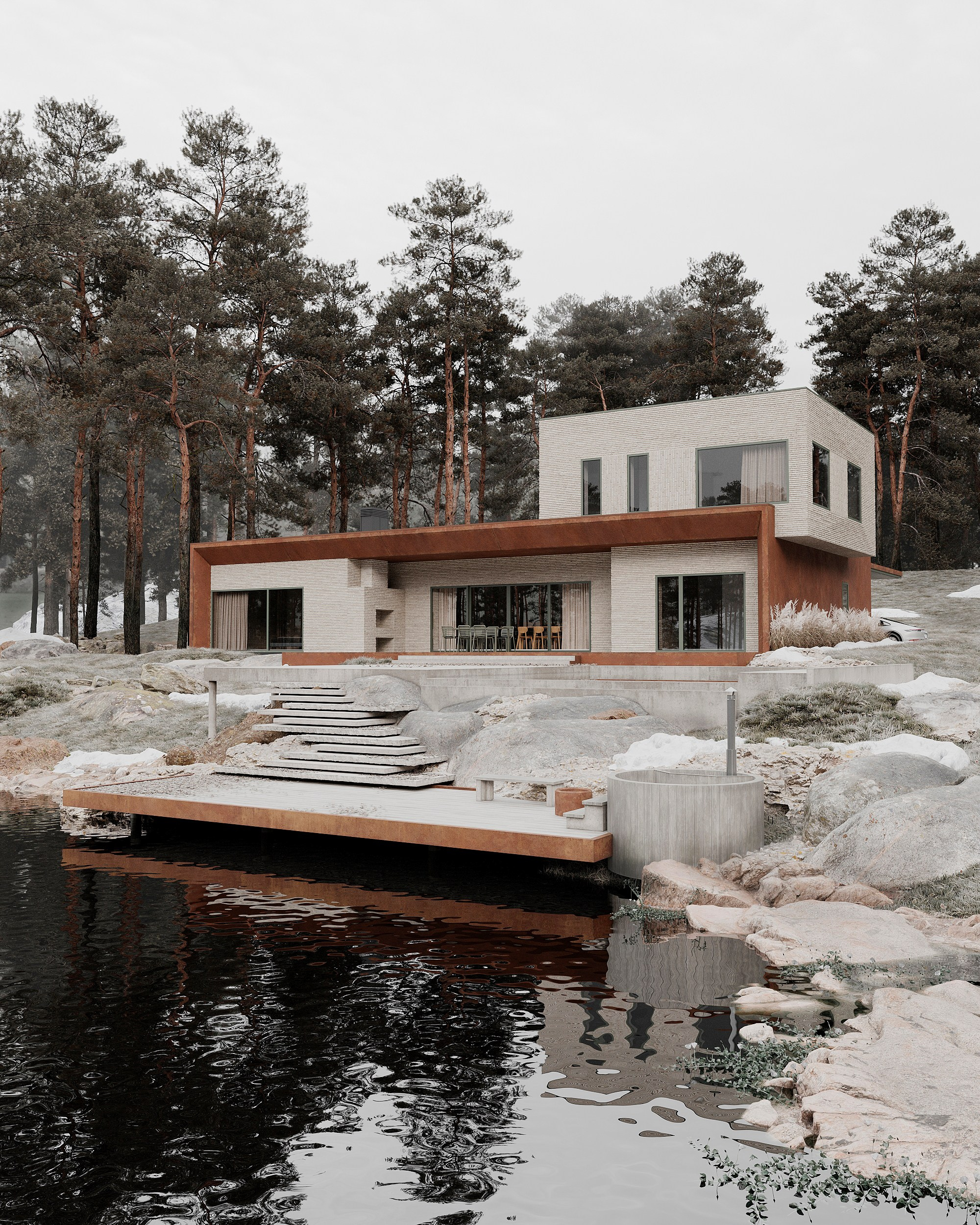 современная архитектура, загородный дом в скандинавском стиле, минимализм, природа, отдых, кортеновская сталь, ригельный кирпич