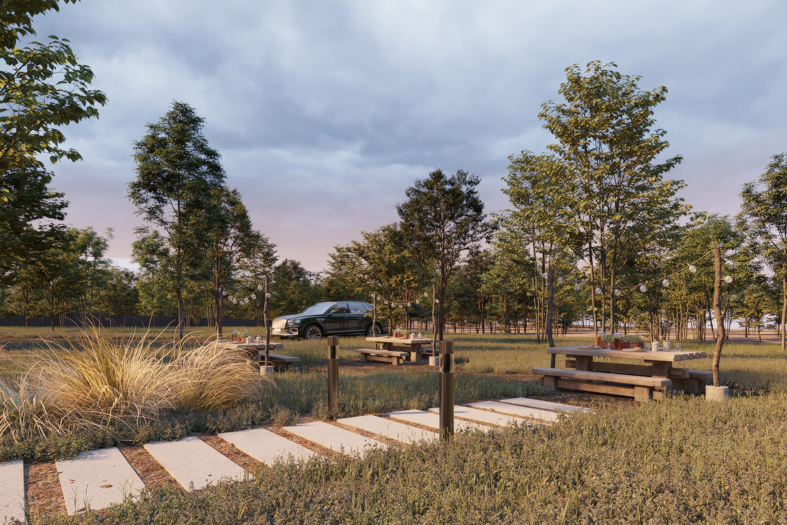 Глэмпинг-парк с прогулочной зоной, растительностью и пешеходными дорожками в Подмосковье