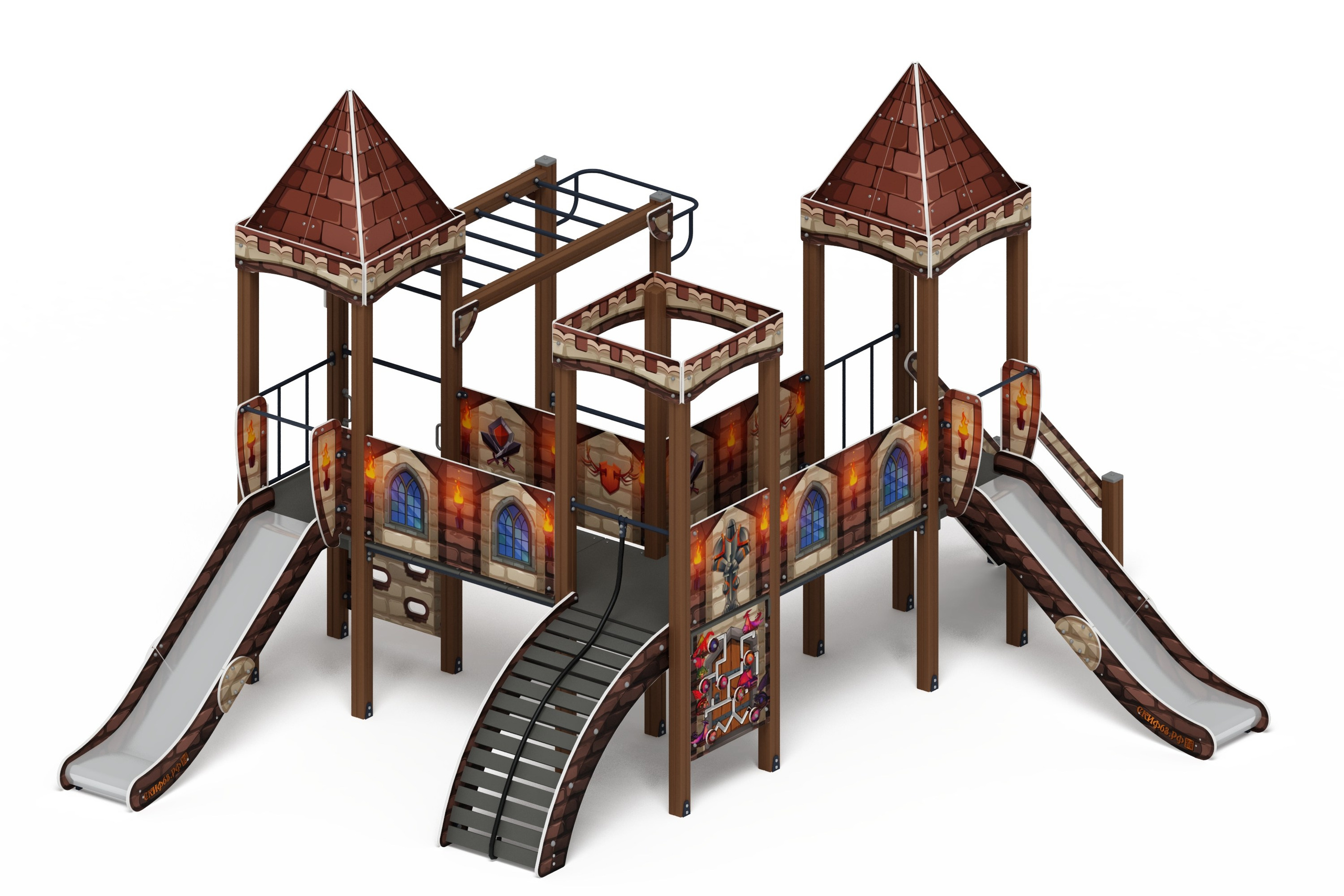 Замок (Средневековый) - ДИК 2.18.02-02 - Игровой комплекс H=1200                                                                                                        Габариты (ШхДхВ): 6570x5620x3960                                                                                                                                                                      Зона безопасности, мм: 9570х8620                                                                                                                                                                         Скат горки: H=1200 (металлический скат)