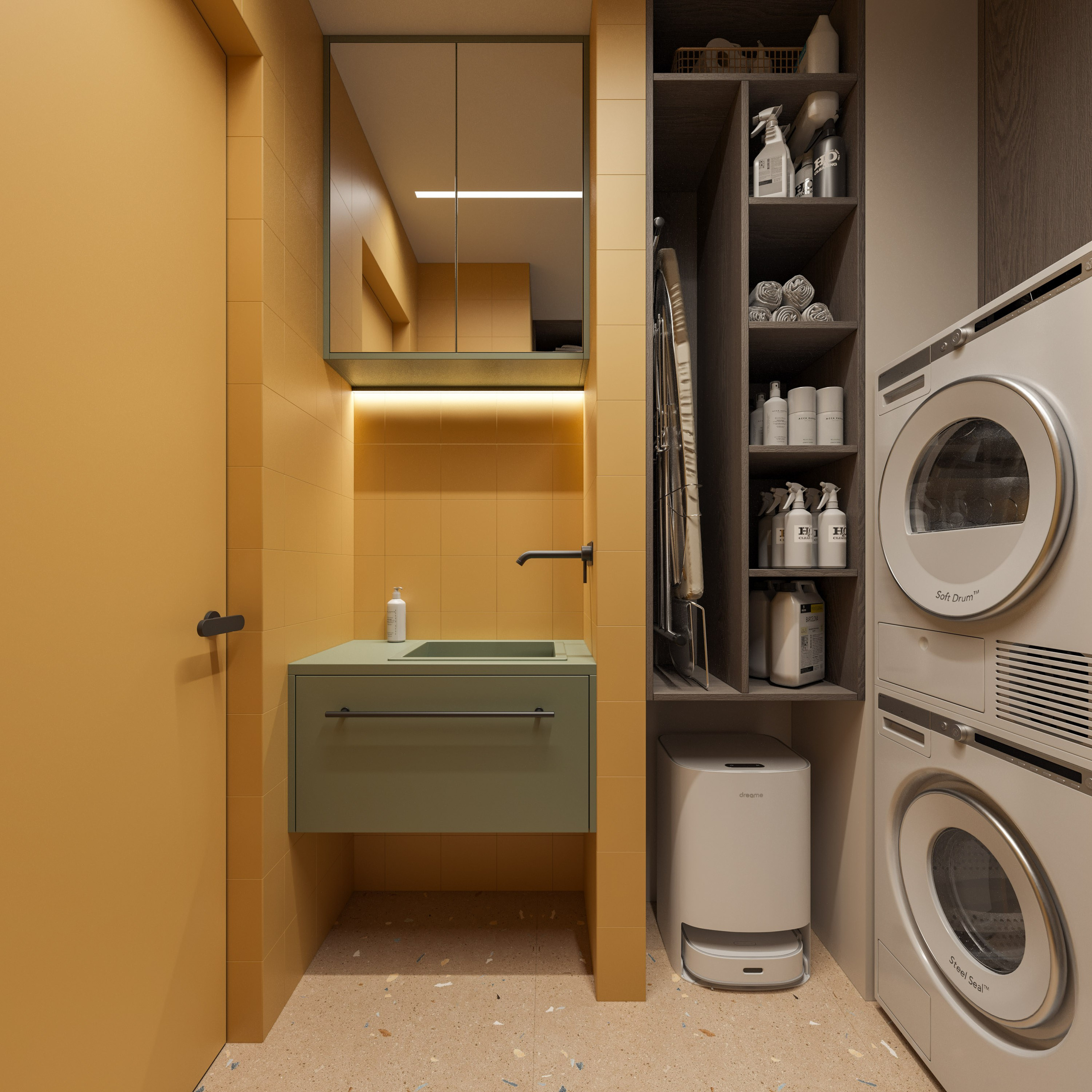 Постирочная с яркой плиткой и зеленой раковиной - 3D визуализация