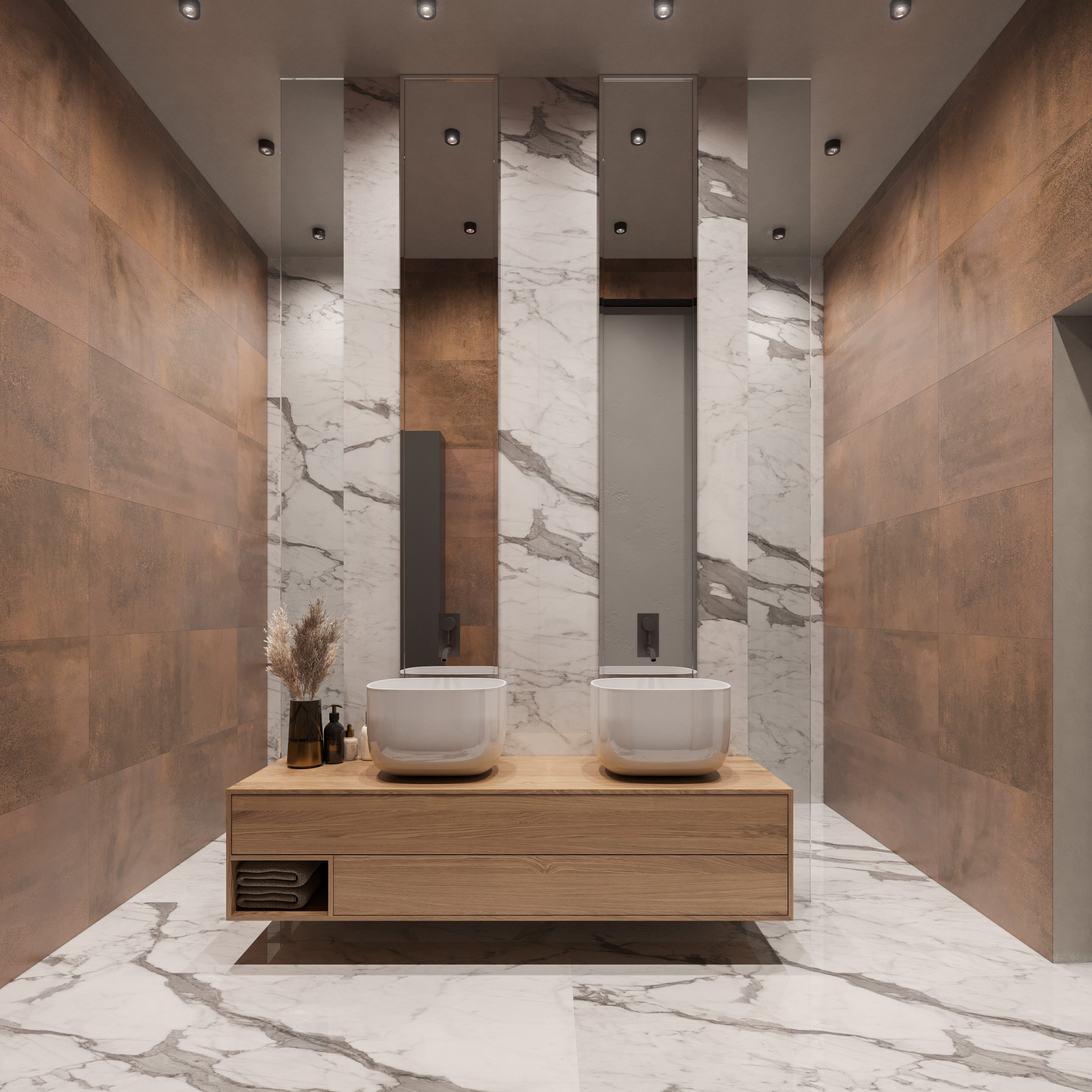 3D визуализация ванной комнаты с ржавой отделкой и черными смесителями