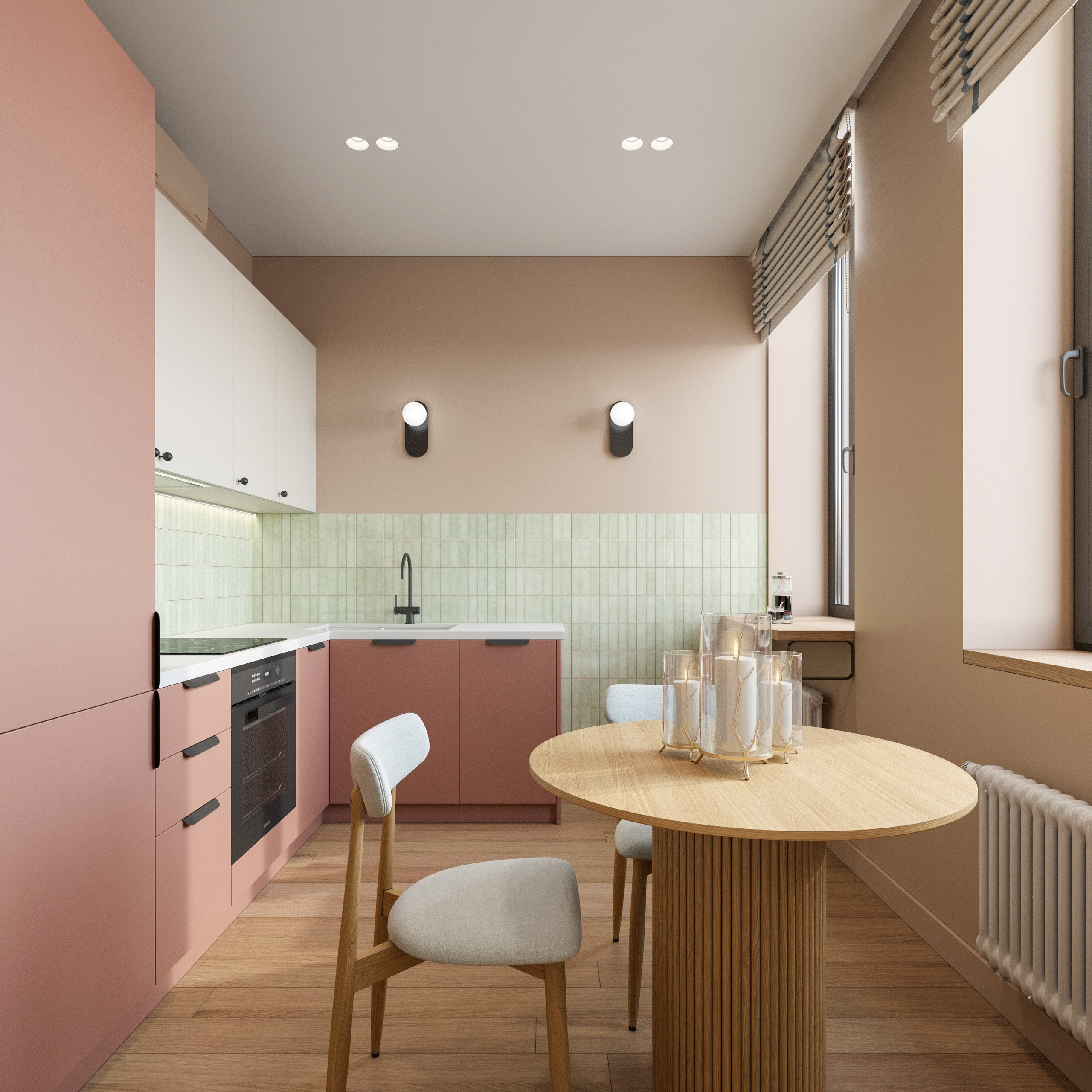 Визуализация интерьера студии с компактной кухонной зоной и барной стойкой.
