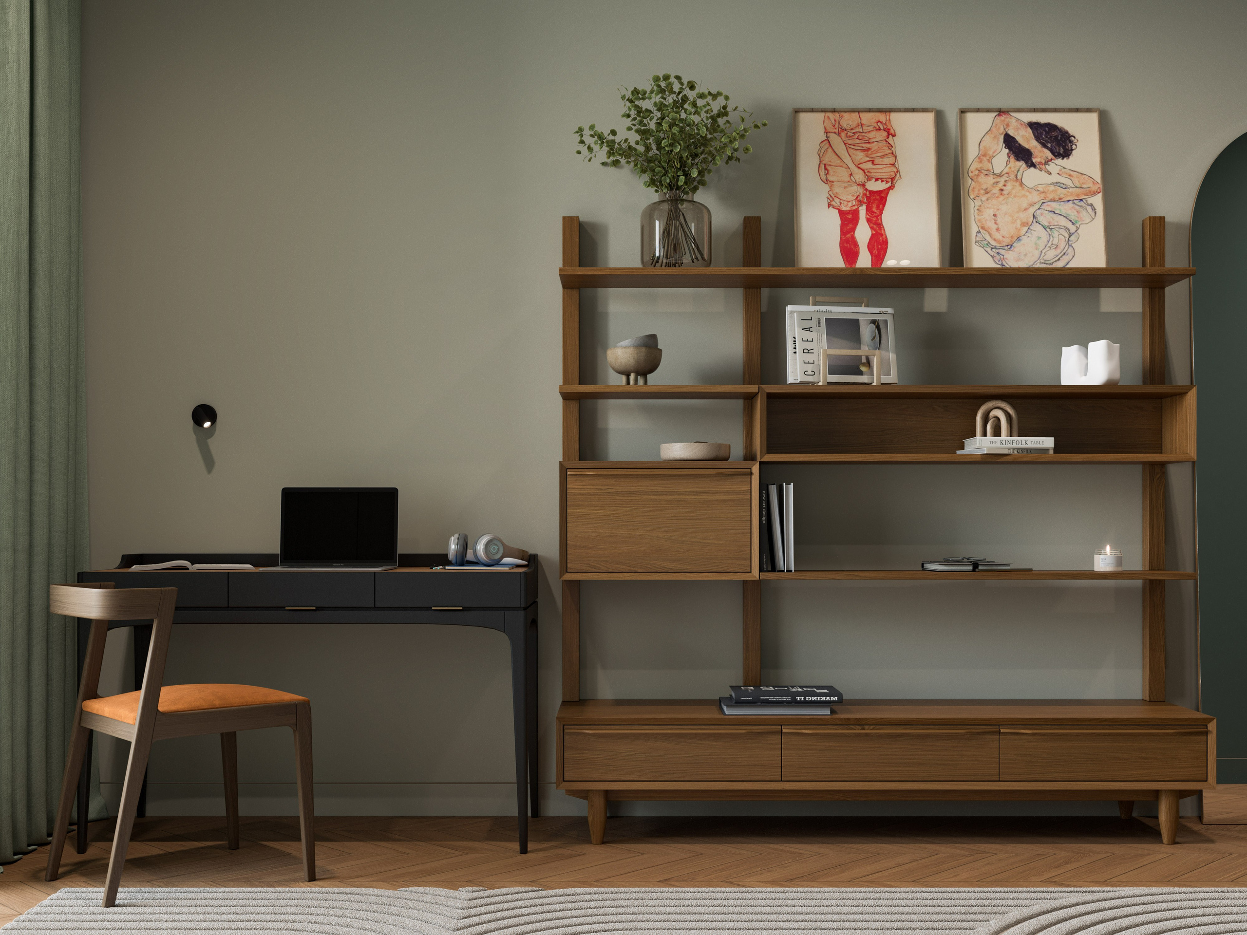 Уголок для работы с зеленой стеной и деревянными полками в ярком интерьере