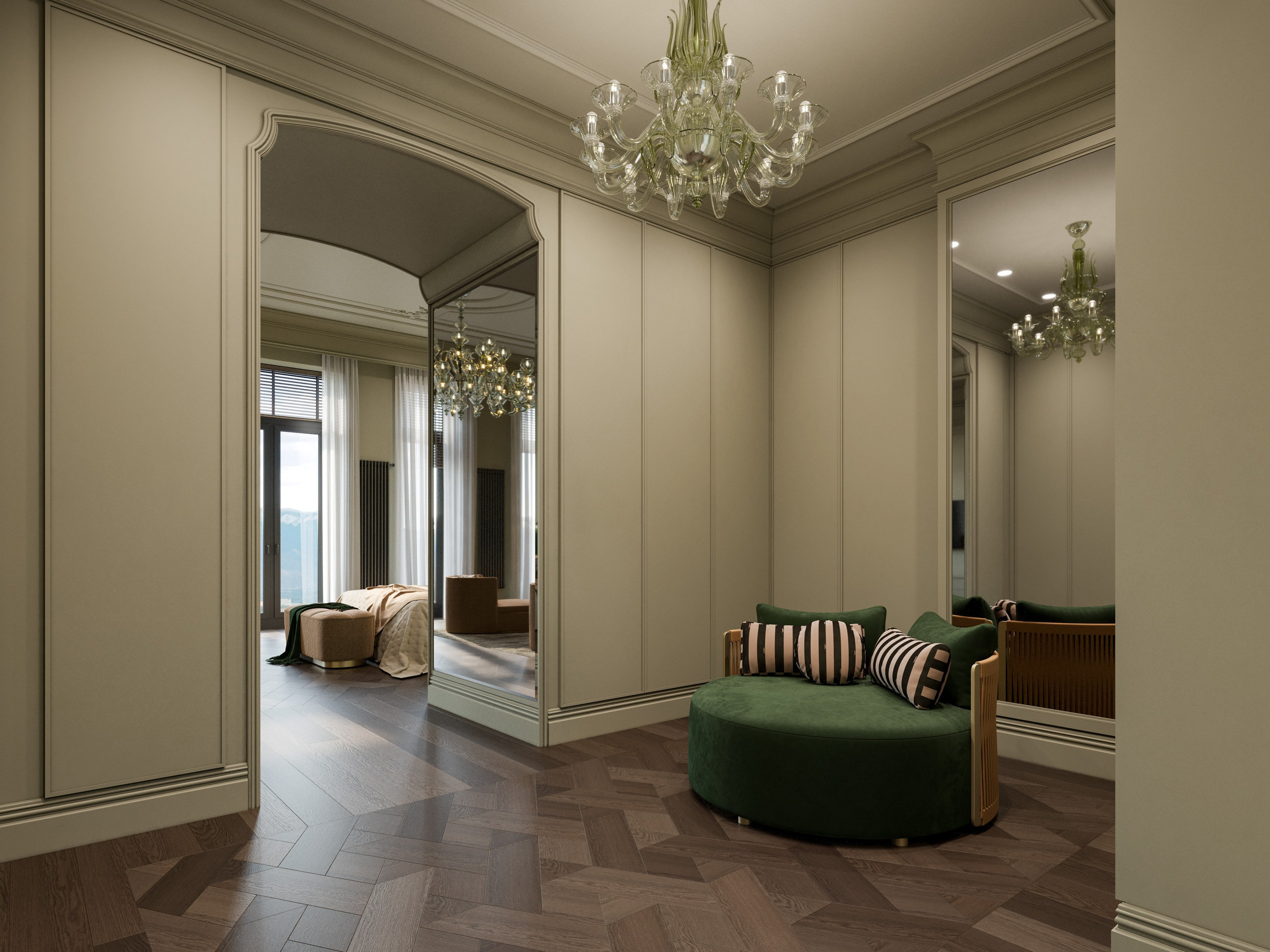 3D визуализация гардеробной в женской спальне с мятными фасадами шкафов