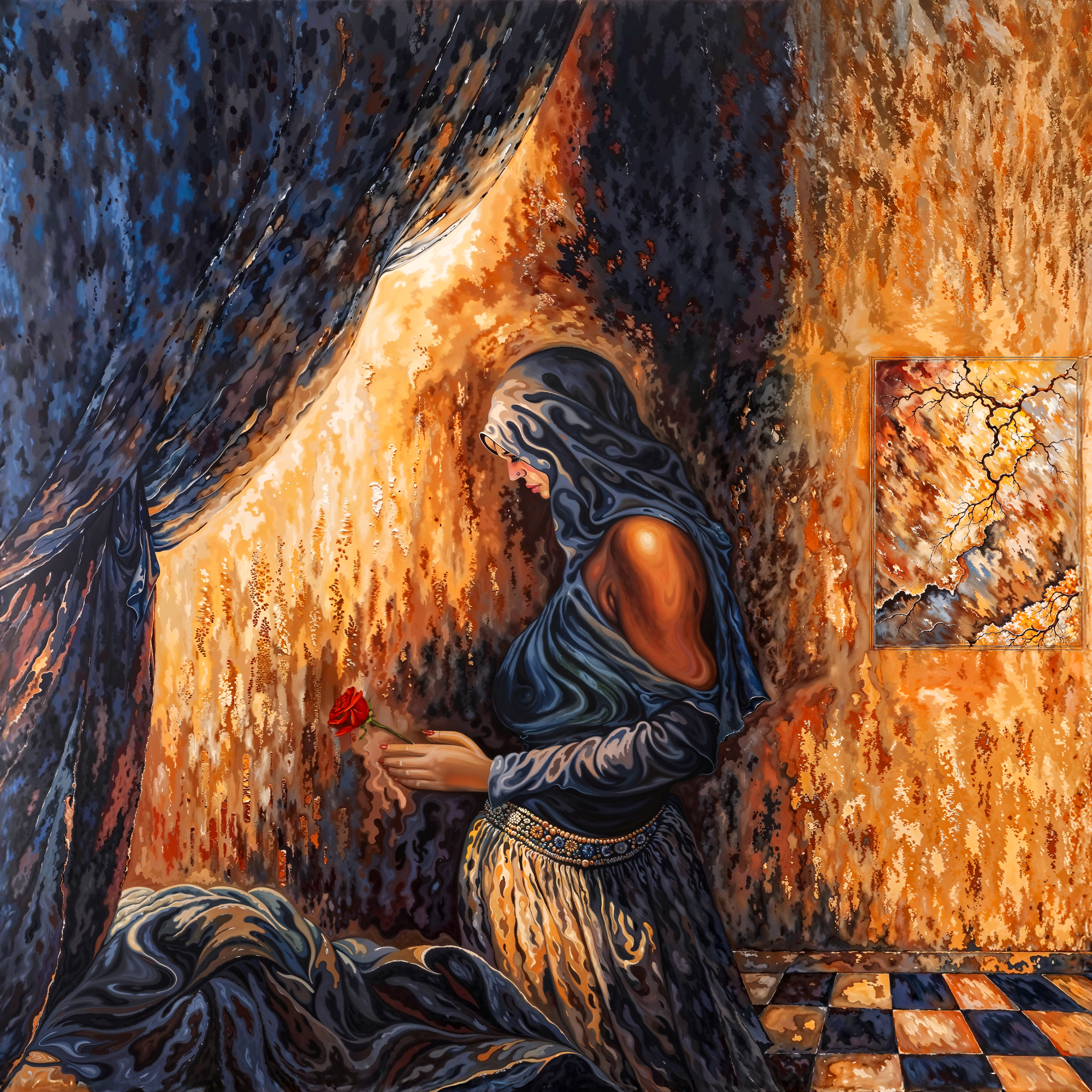 Женская фигура в покрывале держит красную розу, исчезая в свете; интерьер складывается в образ лица — визуальная метаморфоза в духе Дали.