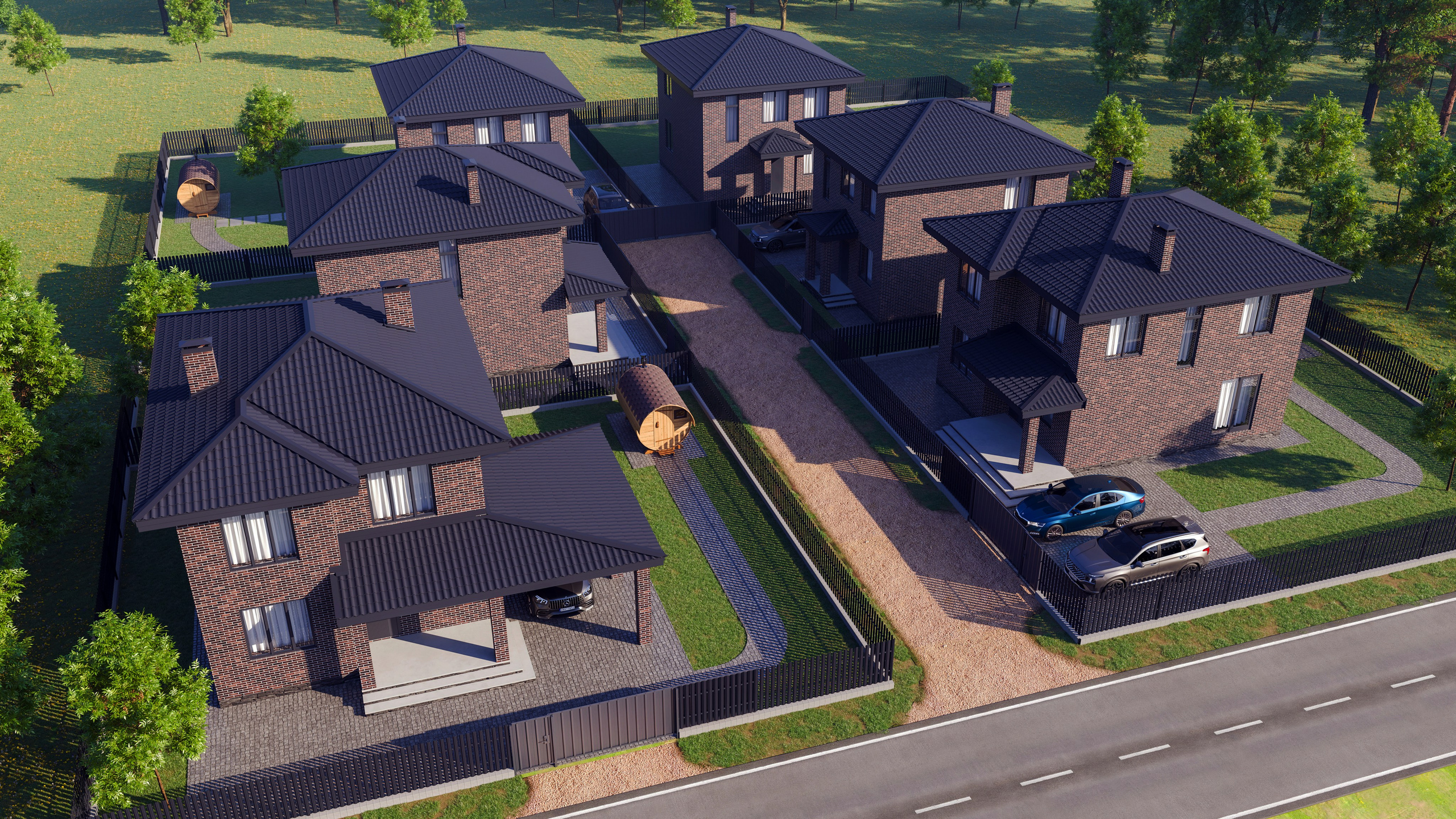 Визуализация вида с высоты птичьего полета небольшого коттеджного поселка
