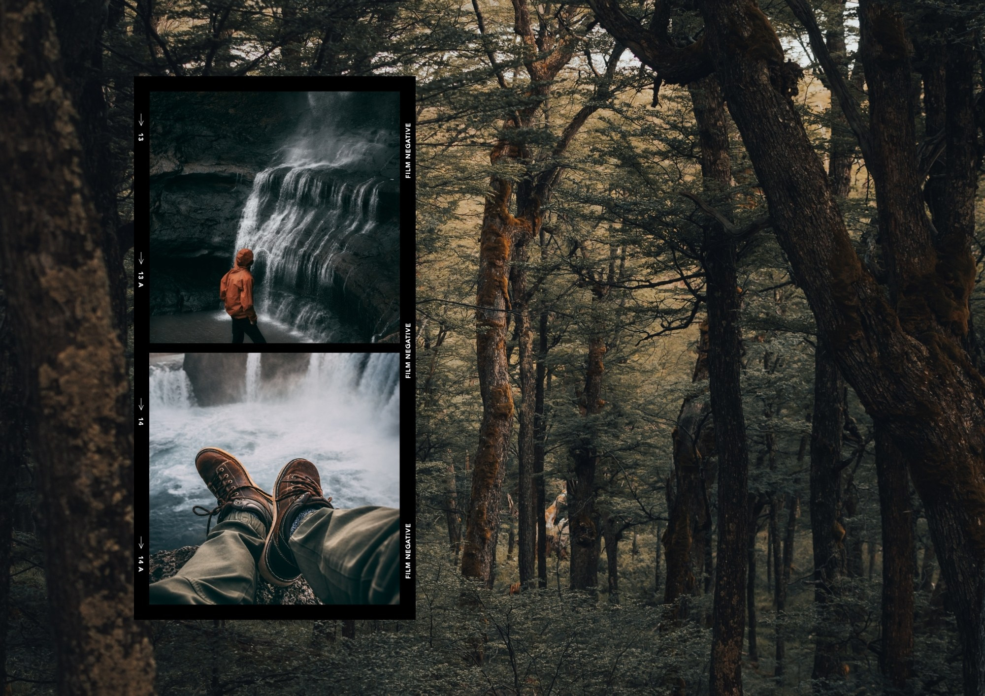 Турист у мощного водопада и вид на походные ботинки на фоне воды