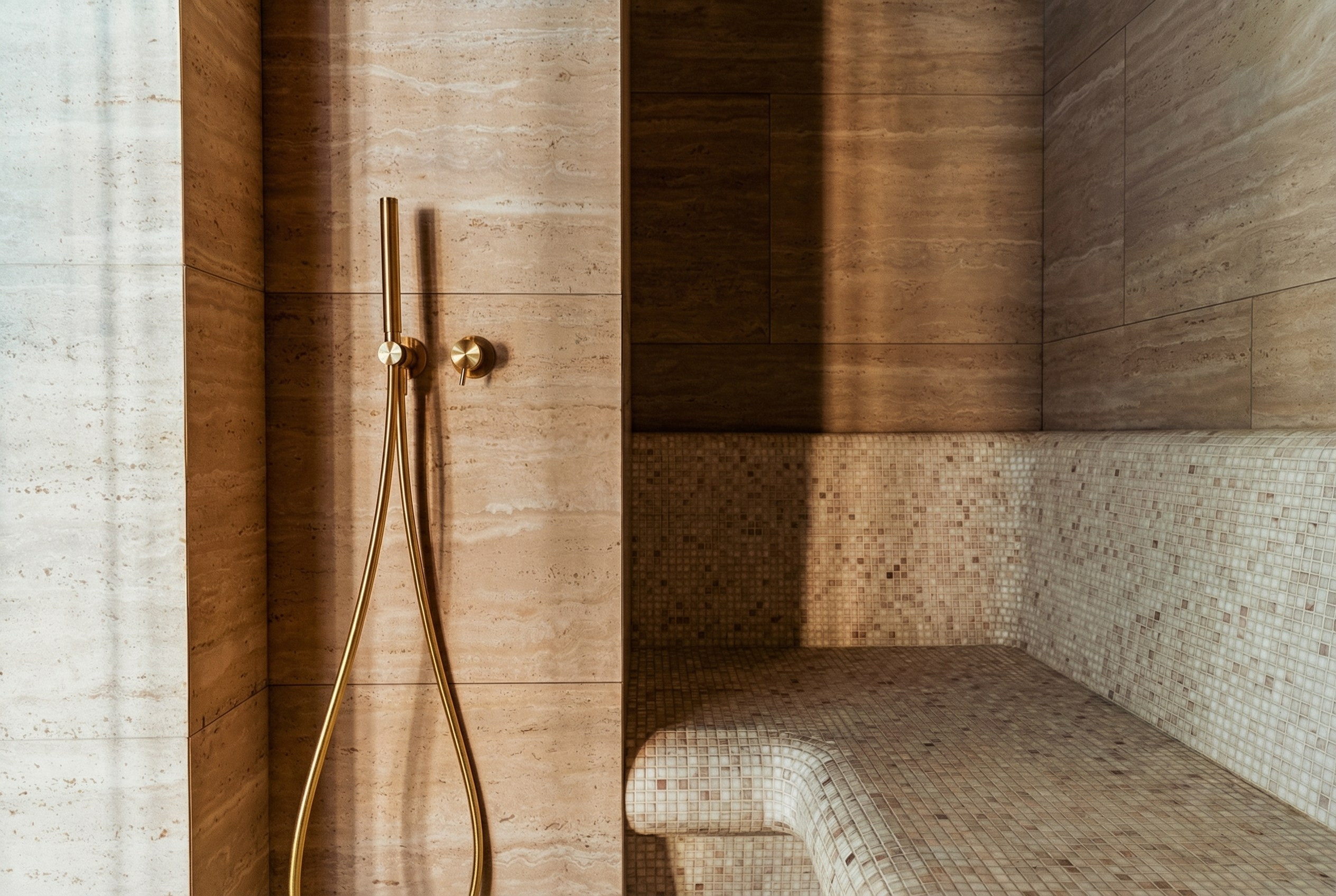 Интерьер хаммама с отделкой из натурального травертина, мозаичными лежаками и золотой душевой системой, проект Валерии Котович в Подмосковье.