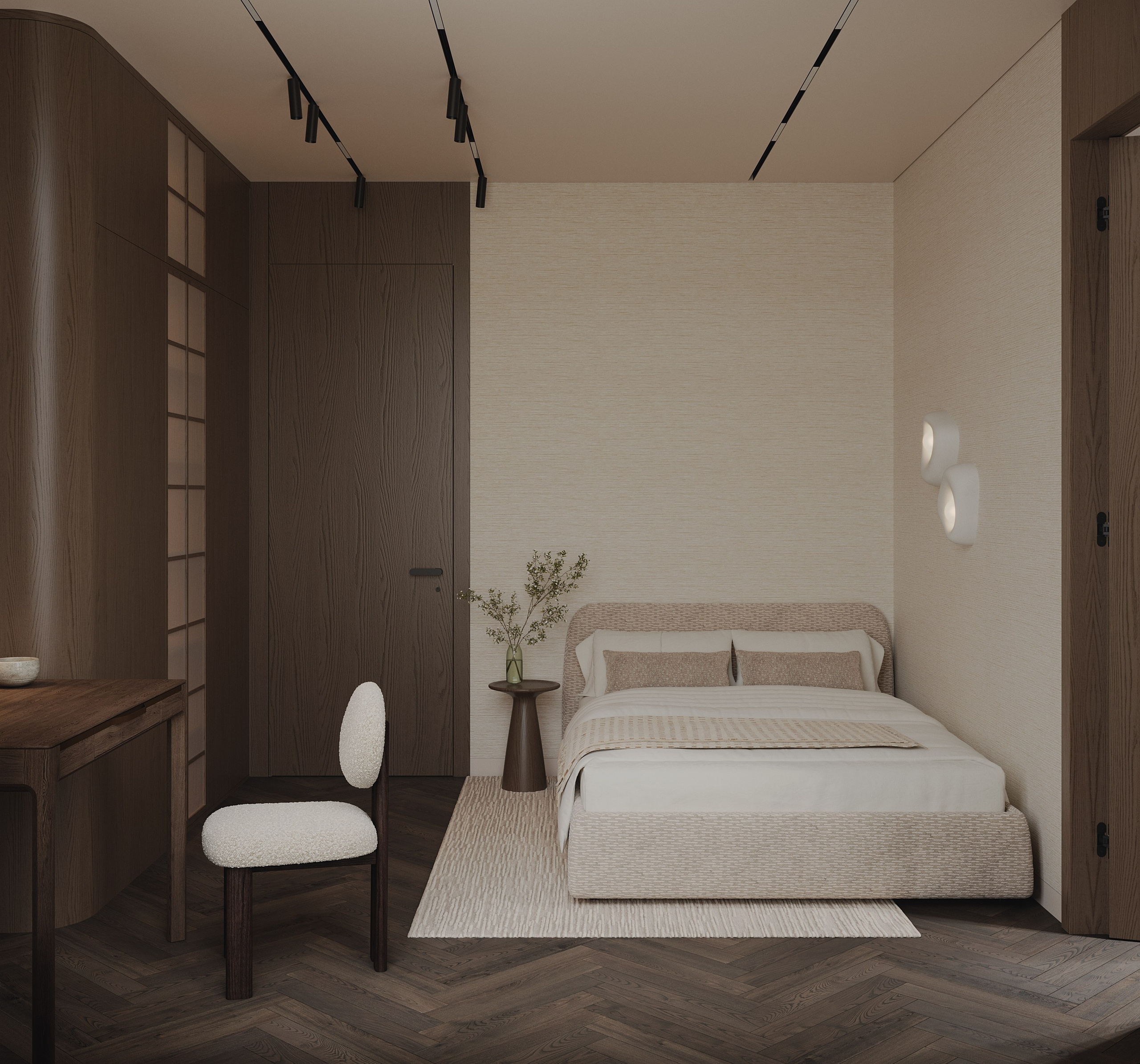 Письменный стол из дерева в гостевой комнате с большой бежевой кроватью и деревянными панелями на стенах  Wooden desk in a guest room with a large beige bed and wood paneling on the walls