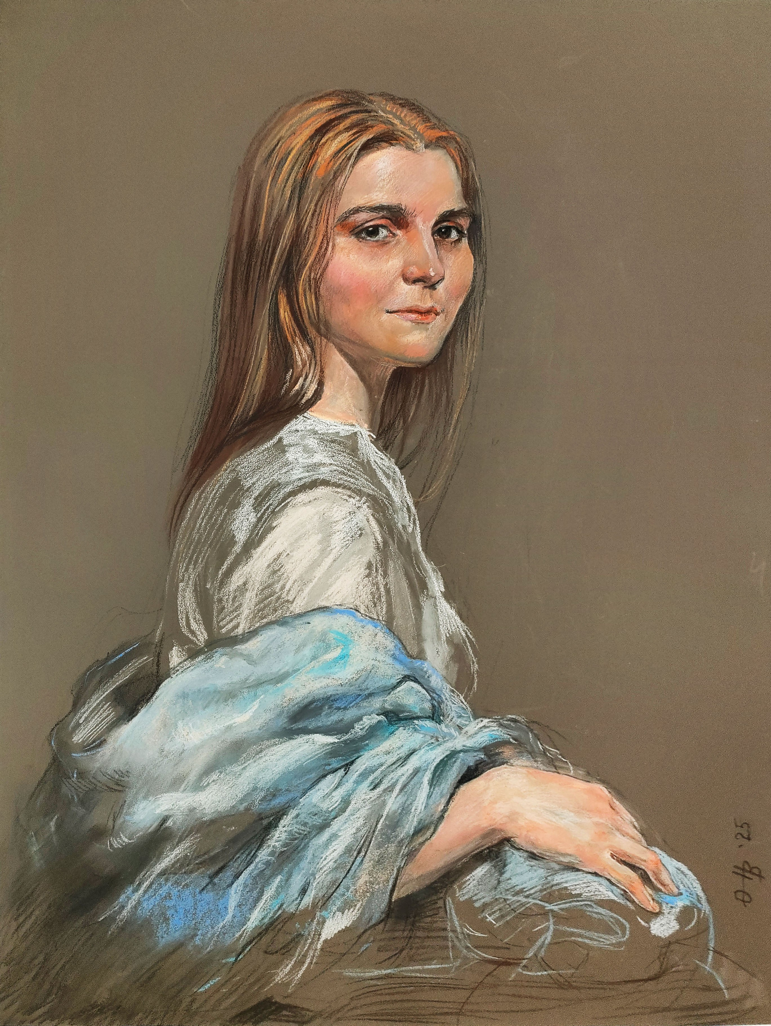 Портрет Дианы Гиральдес. Наждачная бумага, сухая пастель. 2025