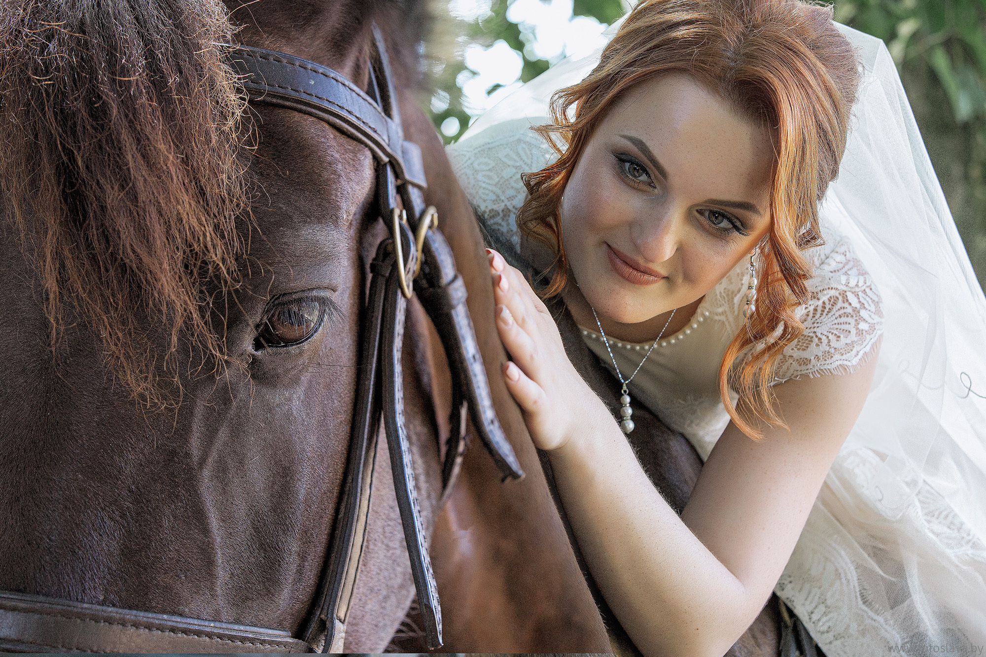 невеста крупным планом сидя на лошади прислонилась к ее голове.
