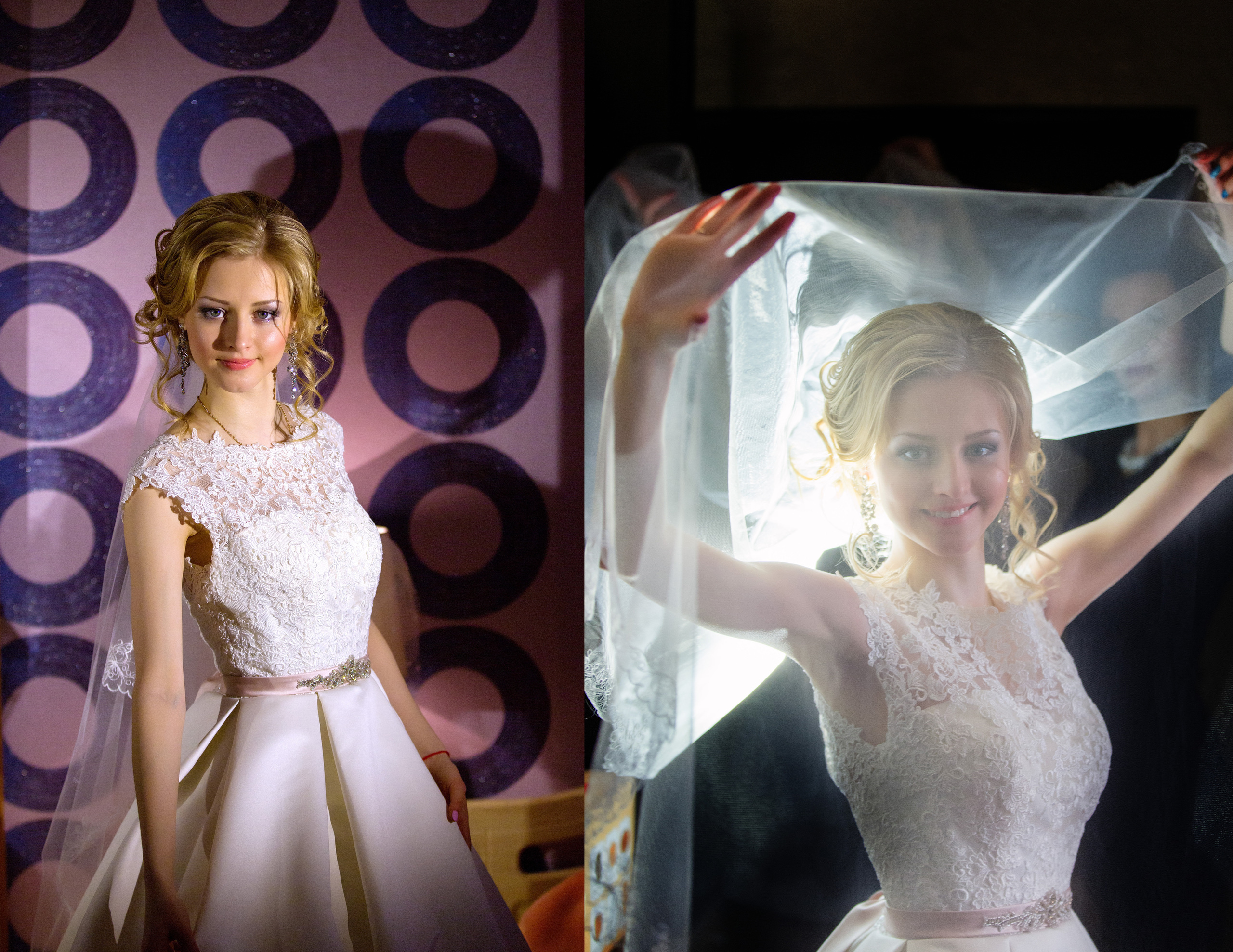 невеста позирует с фатой.