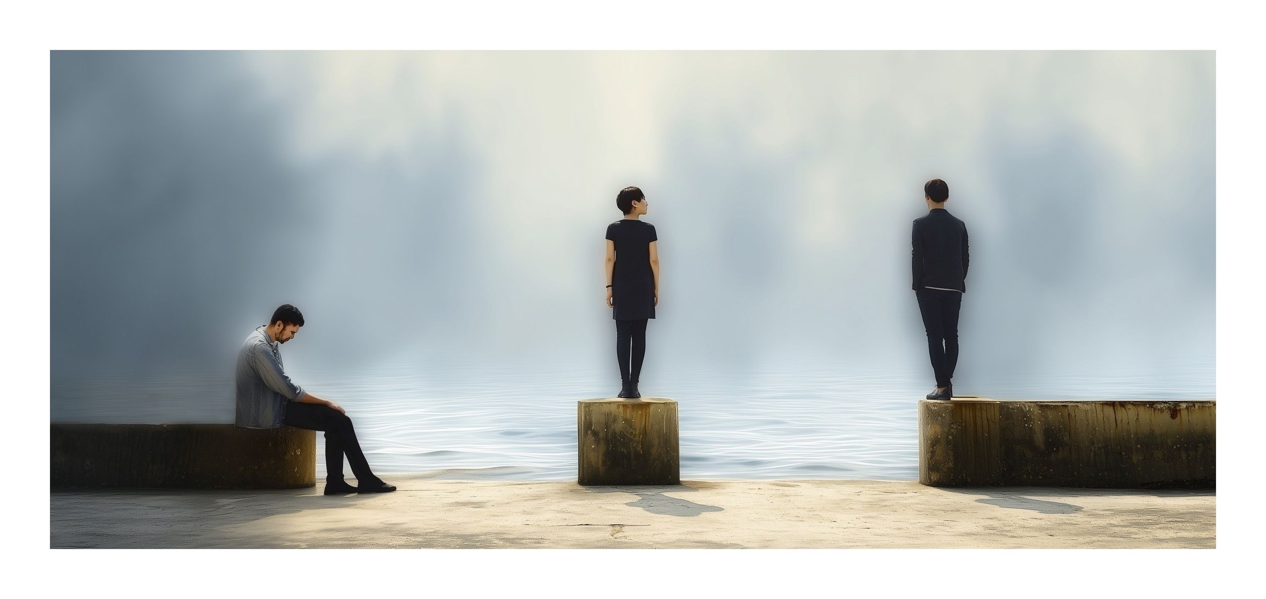 Three people stand on separate concrete pedestals by the sea: one sits with head lowered, a woman stands in the center looking toward the third person, while he stands with his back turned; the distance between them reflects tension, unreciprocated feelings, and the complexity of a love triangle. (Любовь - Три человека находятся на бетонных постаментах у моря: один сидит, опустив голову, женщина стоит в центре, глядя в сторону третьего, а он стоит спиной; разделённость фигур и дистанция между ними передают напряжение, неразделённые чувства и сложность любовного треугольника.)