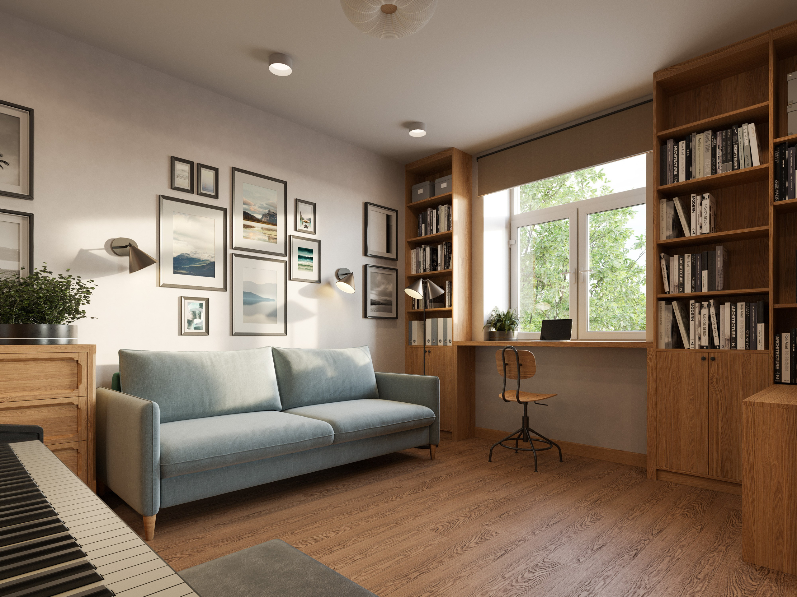 3D визуализация интерьера гостиной с акцентной стеной и современной мебелью.