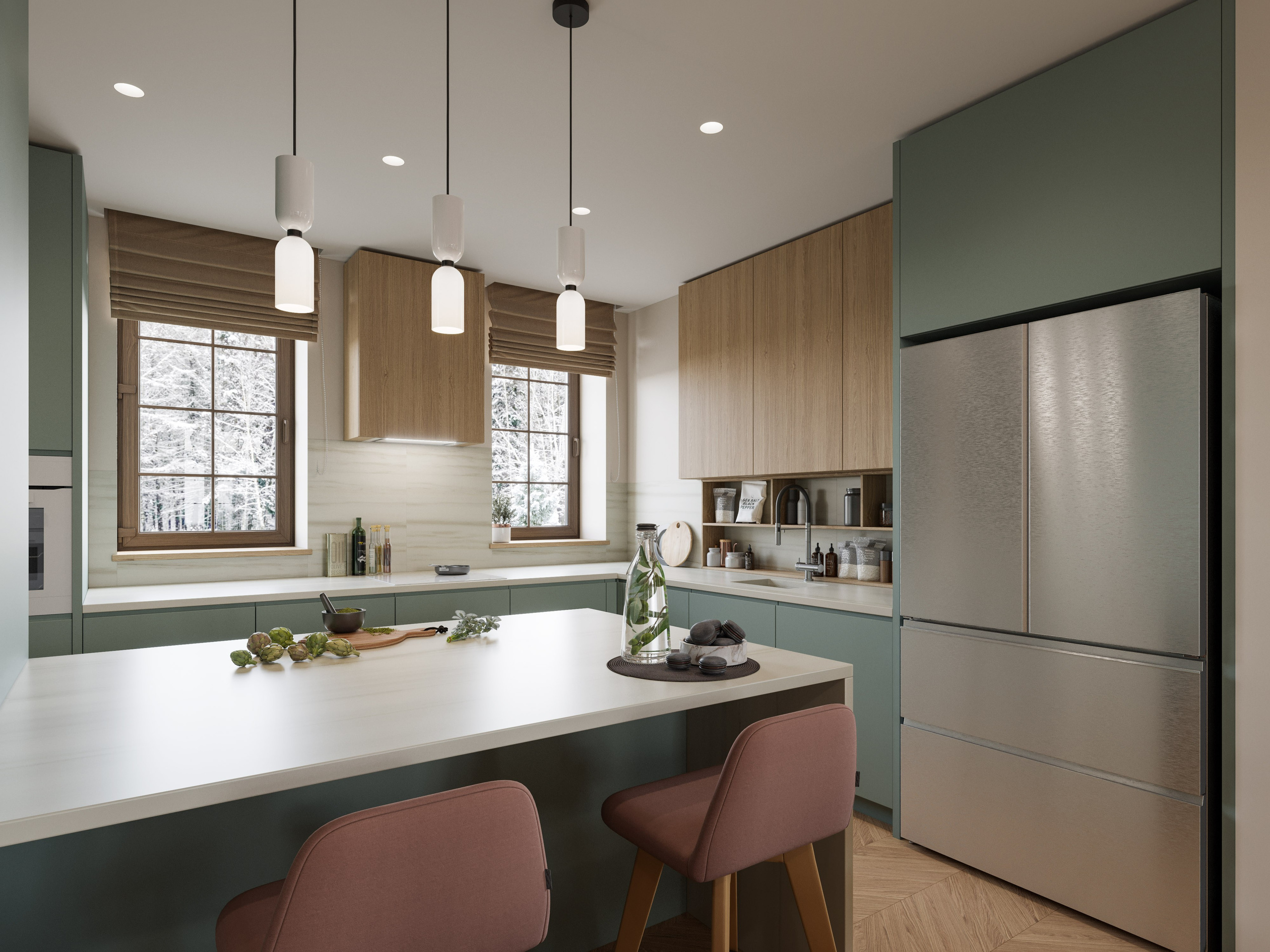 3D визуализация кухни в современном стиле с островом и встроенной техникой