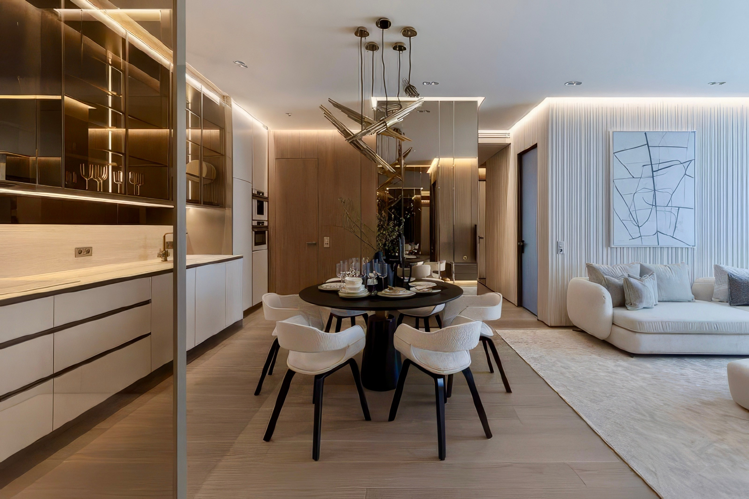 Современная кухня-гостиная с круглым обеденным столом и дизайнерским светильником | Валерия Котович