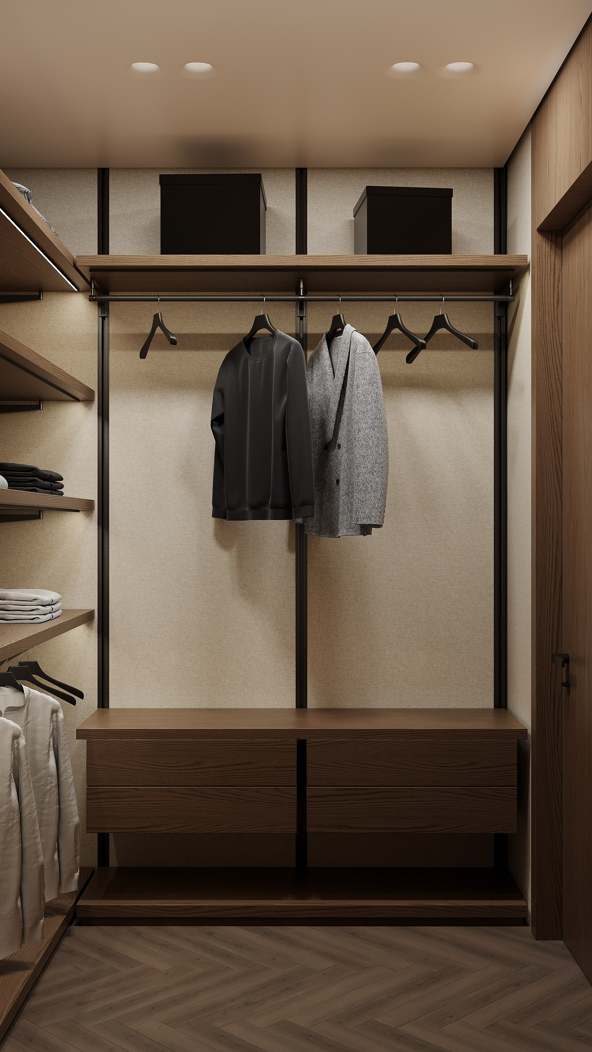 гардеробная в мастер спальне с тканевыми панелями и открытой системой хранения         A master bedroom walk-in closet with fabric panels and open storage
