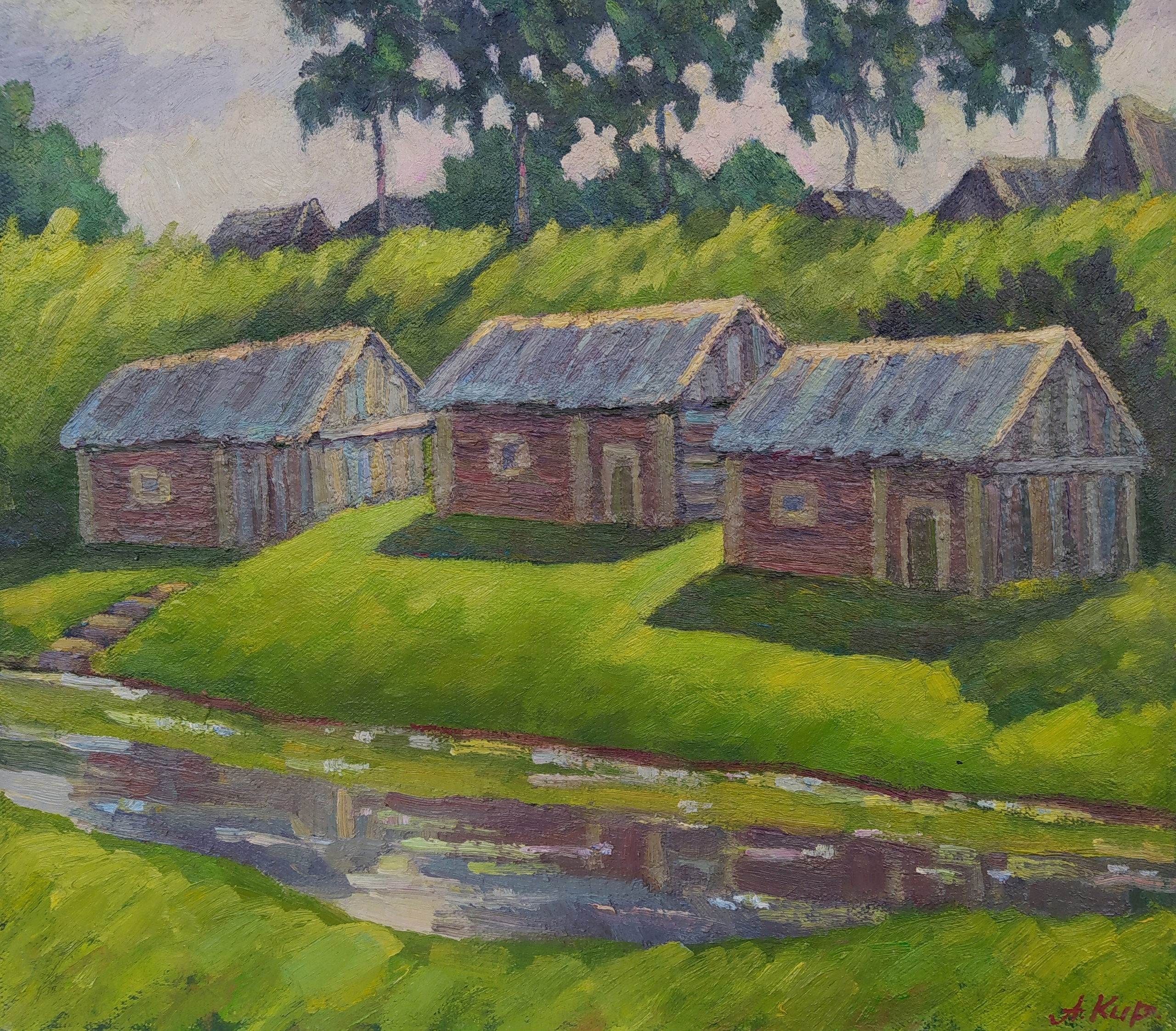 Вятское, пейзаж маслом с старыми банями на берегу реки