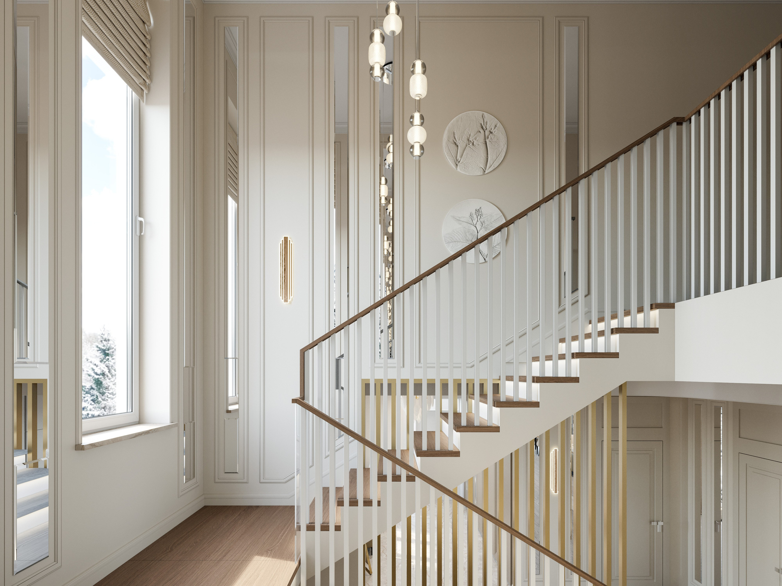 Парадная лестница в холле загородного дома с лепниной и зеркалами на стенах - 3D рендер