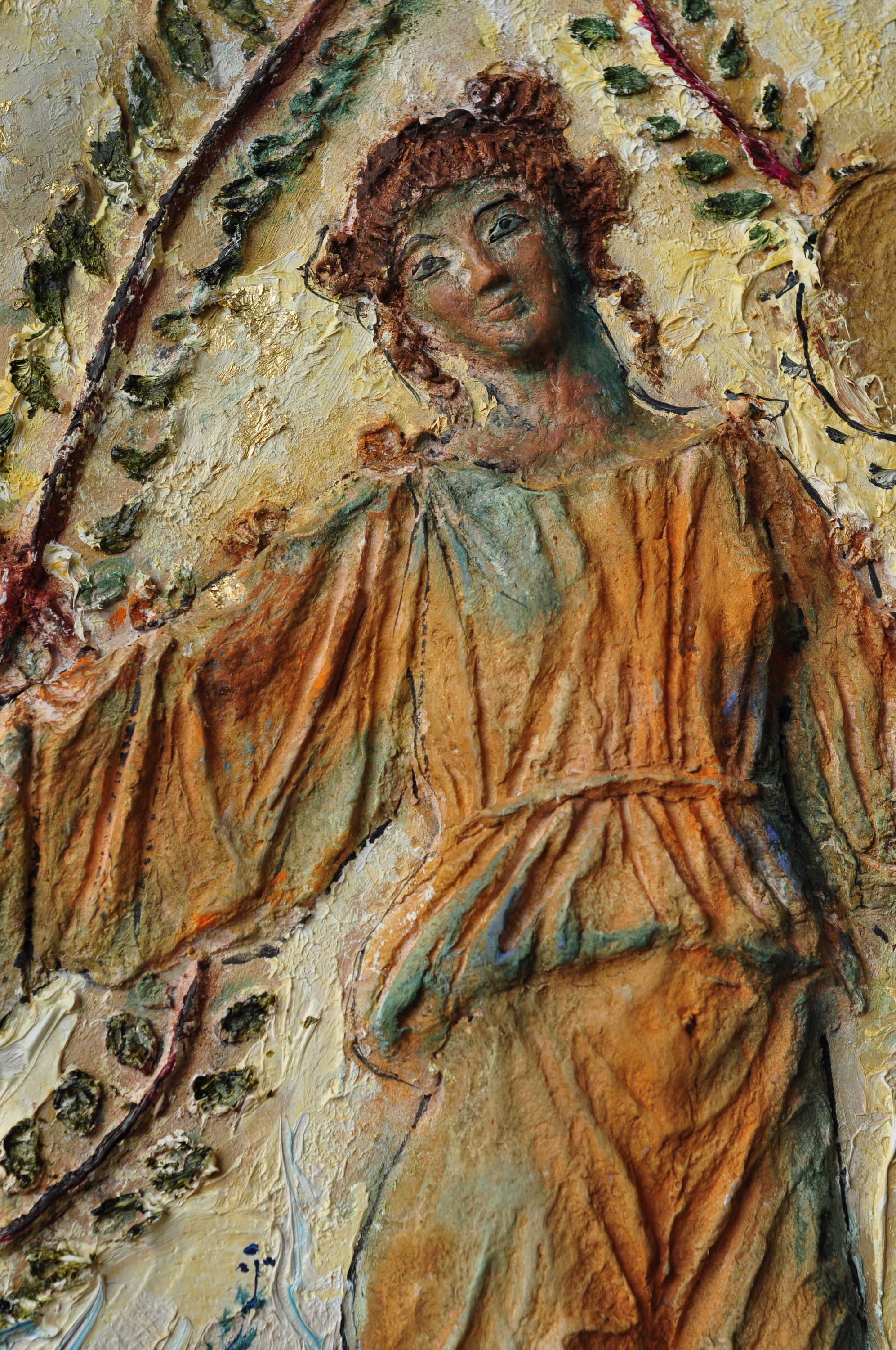 "Источник", фрагмент, холст, рельеф из целлюлозной массы, масло, 2026