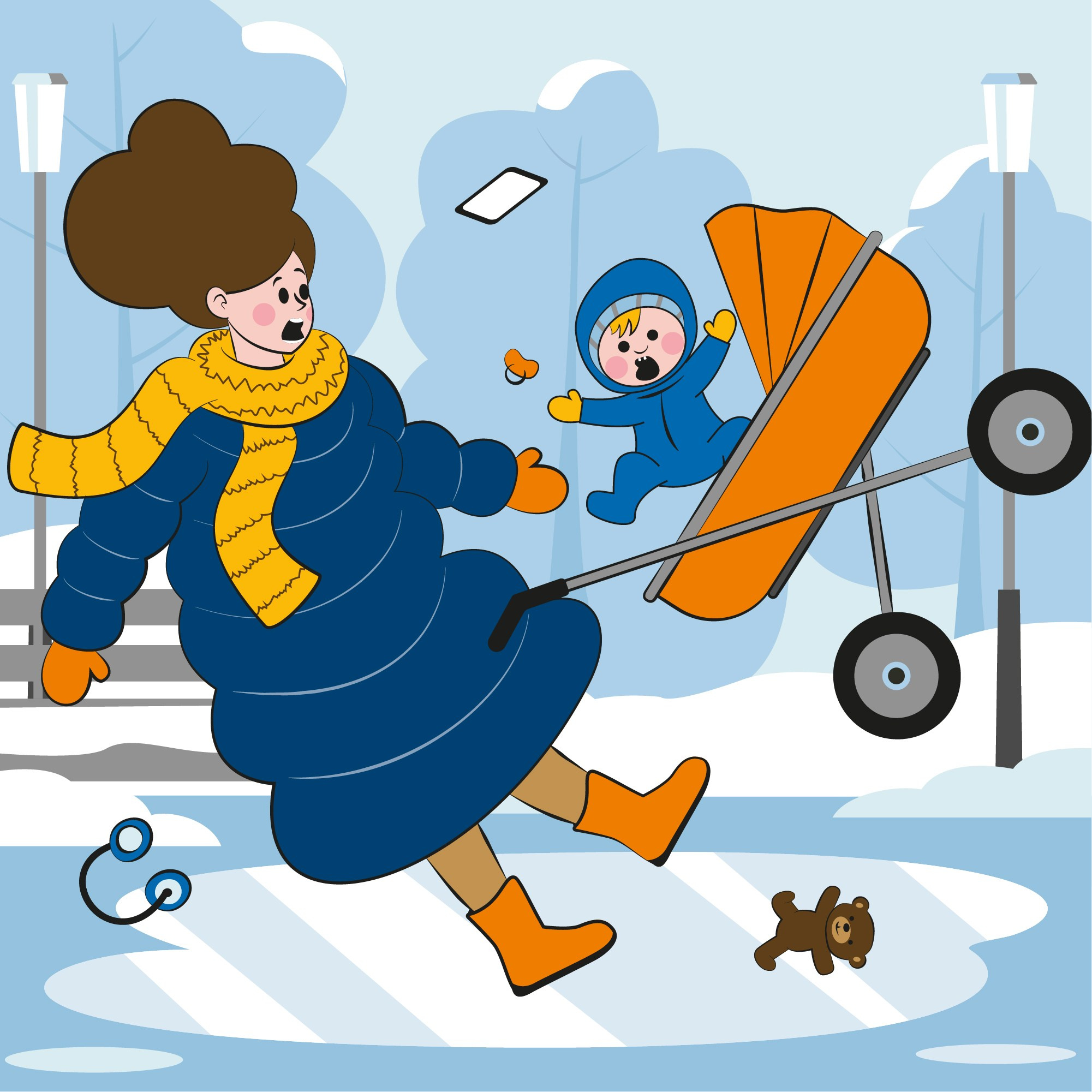 мама с ребенком падает в гололед