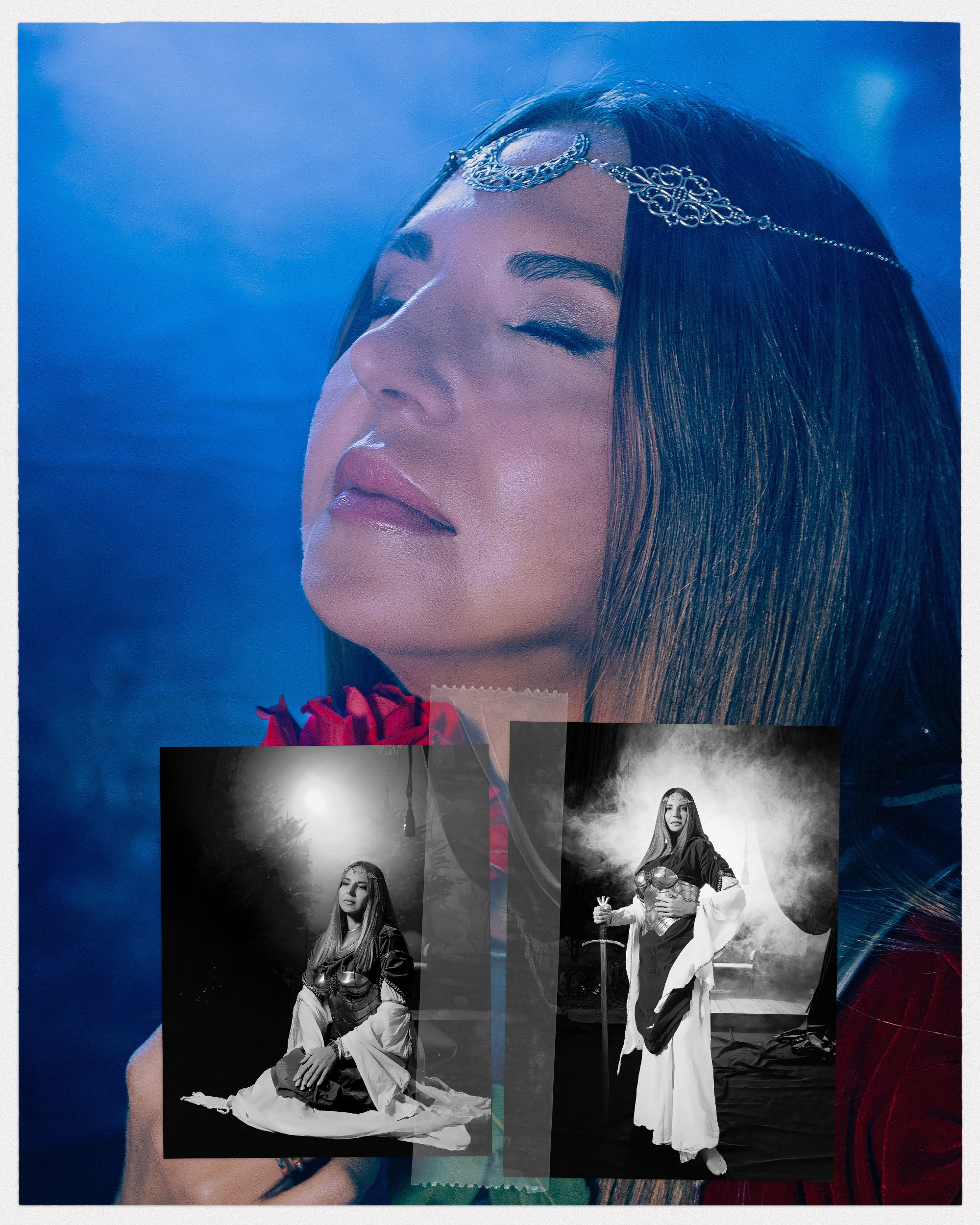 Женская фотосессия в Ростове-на-дону в образе воительницы с доспехами и мечом в поле.