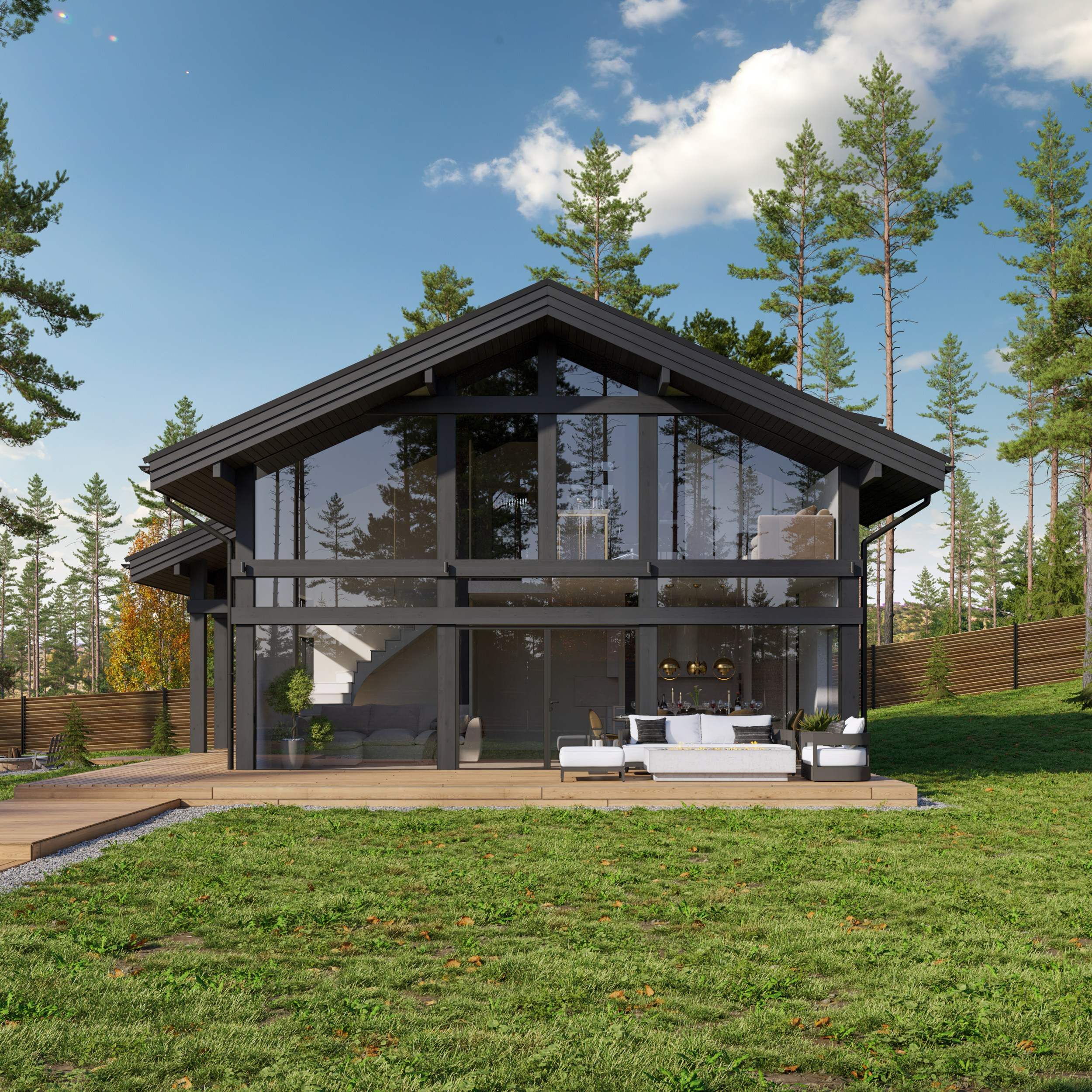Экстерьер дома с полностью остекленным фасадом и просторной террасой