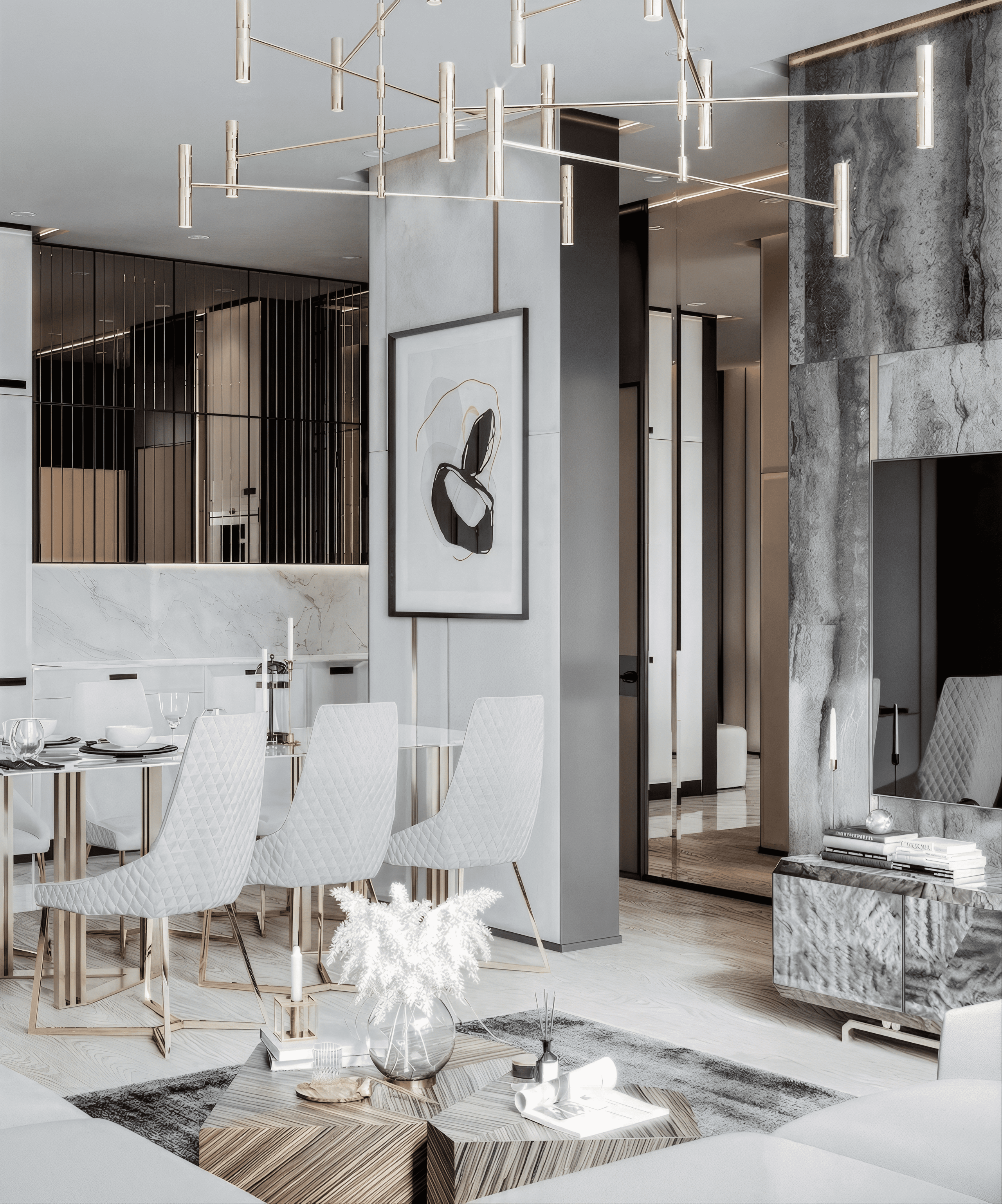 Панорамный вид интерьера кухни-гостиной от Валерии Котович: обеденная группа со светлыми стульями, стена из серого камня, дизайнерское освещение и современная живопись в интерьере.