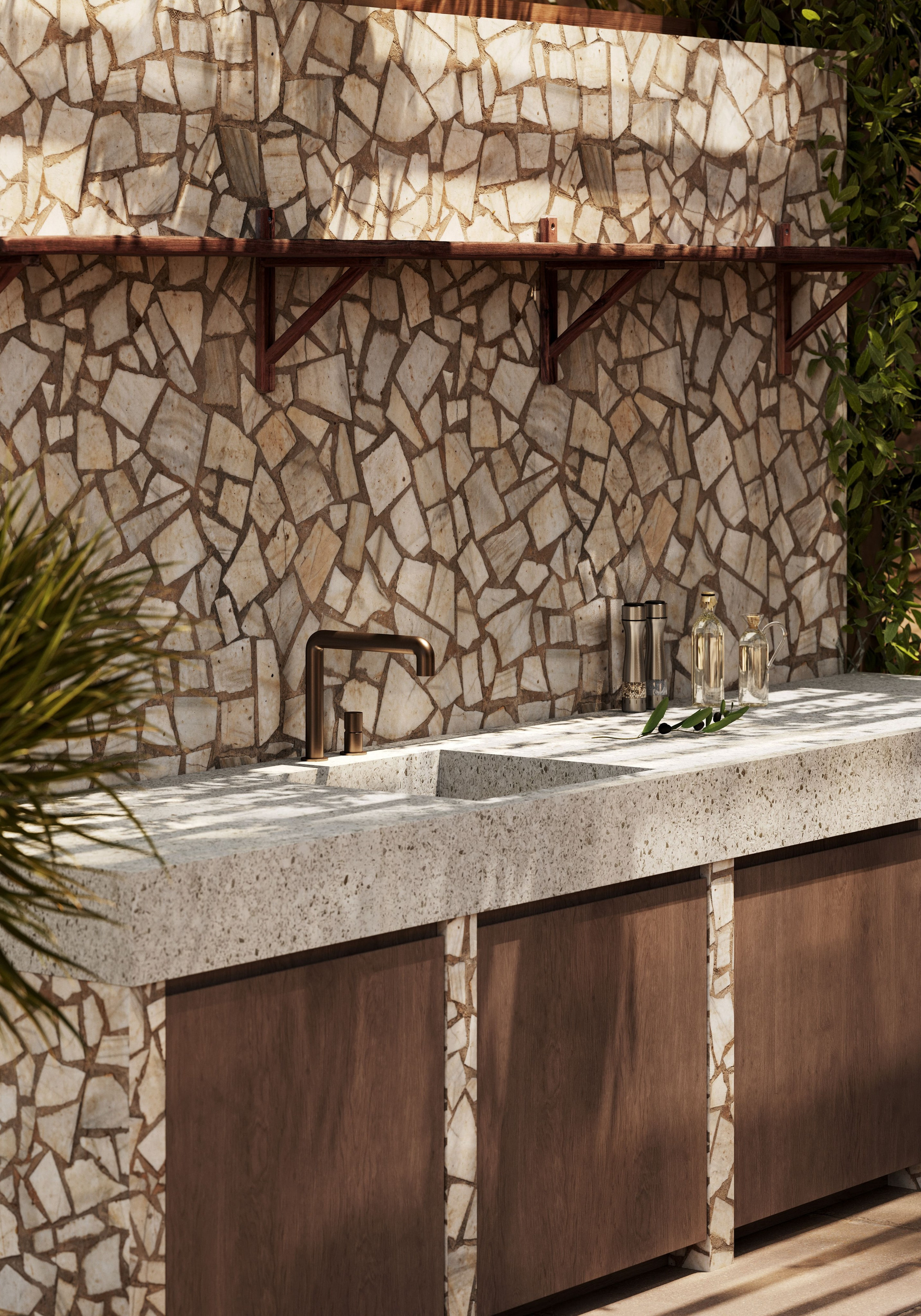 визуализация кафе барная стойка на пляже в скалах с пальмами 