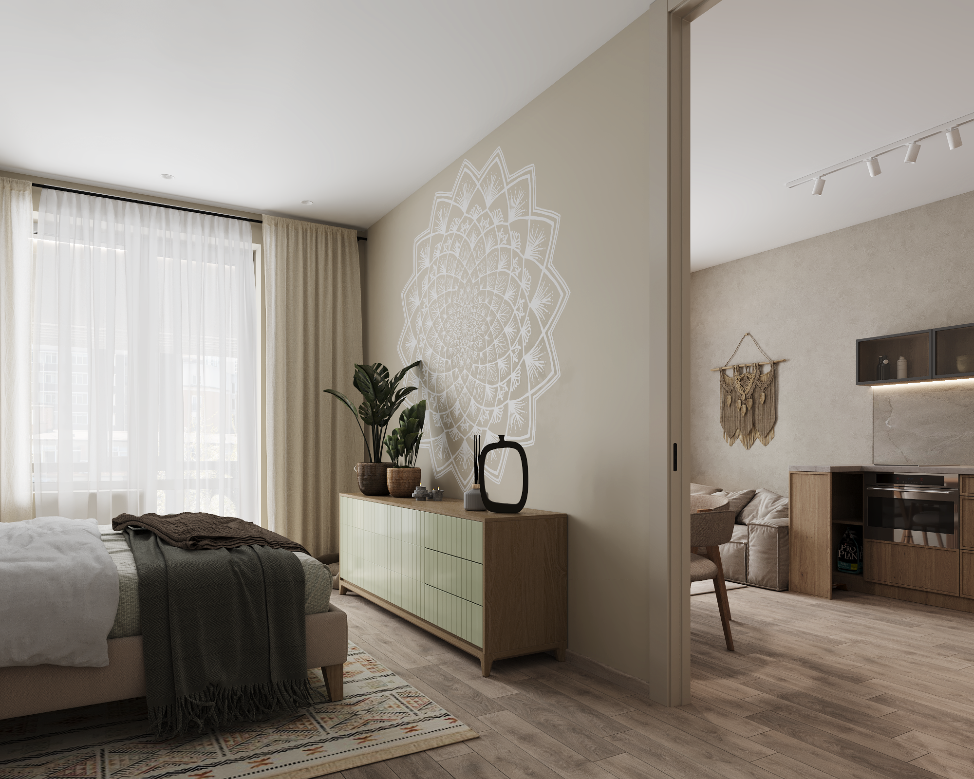 Уютная евродвушка в современном стиле с этническими мотивами. Студия Дизайна интерьера Tsvetdesign. Дизайнер в Санкт-Петербурге